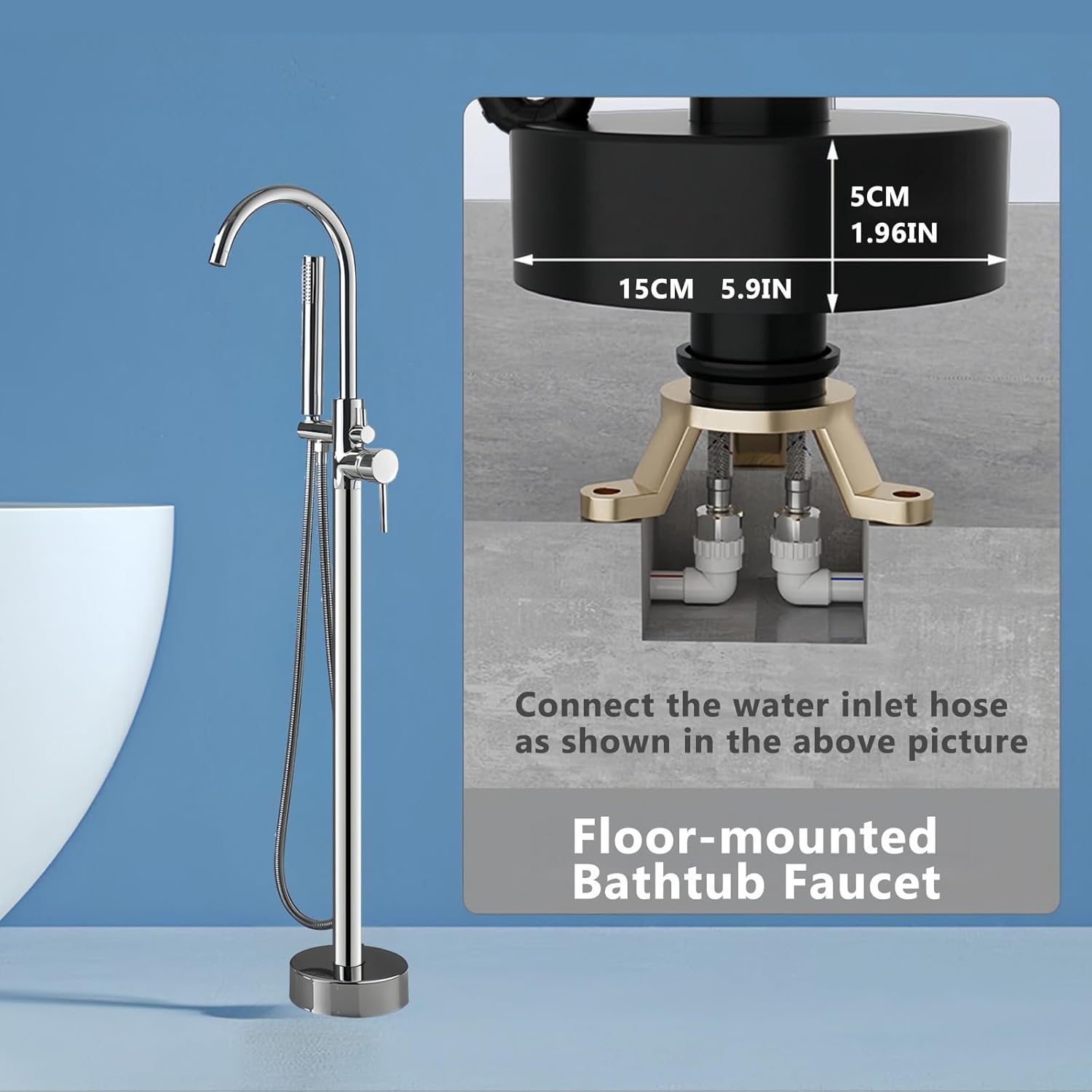 Freestanding Bathtub Faucet, Floor Mount Bathtub Faucet Freestanding Tub Faucet Standing Bathtub Filler, High-Flow Bath Shower Faucet with Handheld sprinkler, Chrome Plated, Brass
