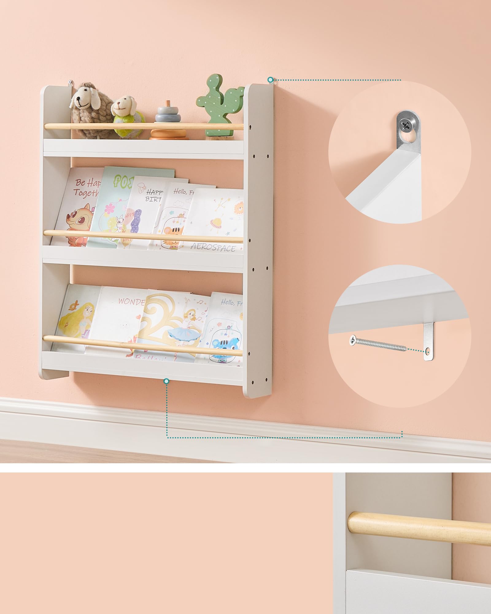 SONGMICS Kinderboekenkast, 3-laags kinderplank, speelgoedplank, wandplank, voor kinderkamer, speelkamer, wit en naturel GKR013W02
