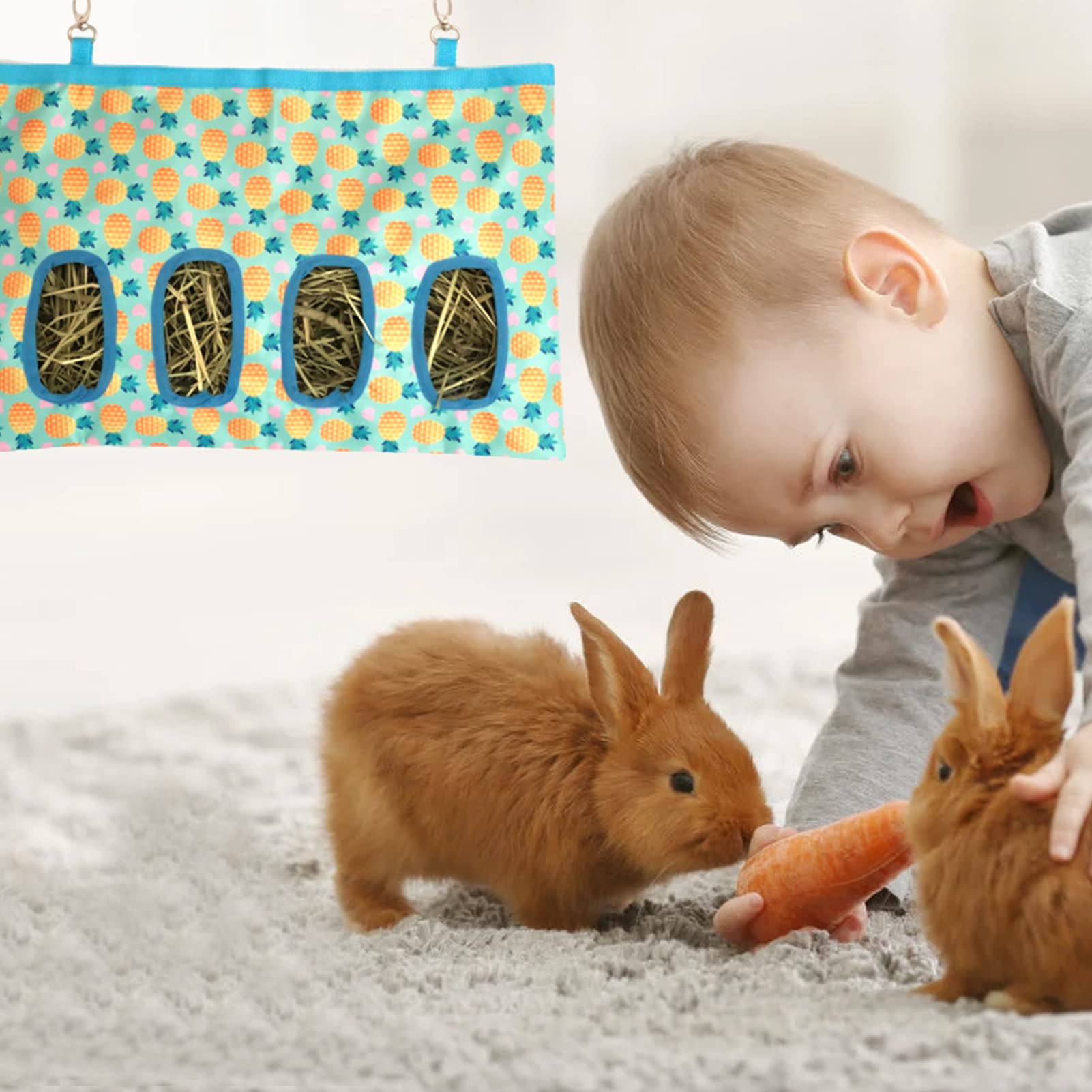 Kaninchen-Heu-Futtersack, faltbar, kleine Haustiere, Heu-Aufbewahrung, waschbar, niedlicher Spender-Futtersack mit 4 Futterlöchern, hängende Futter-Heu-Aufbewahrung, täglich benötigter Fütterungshel