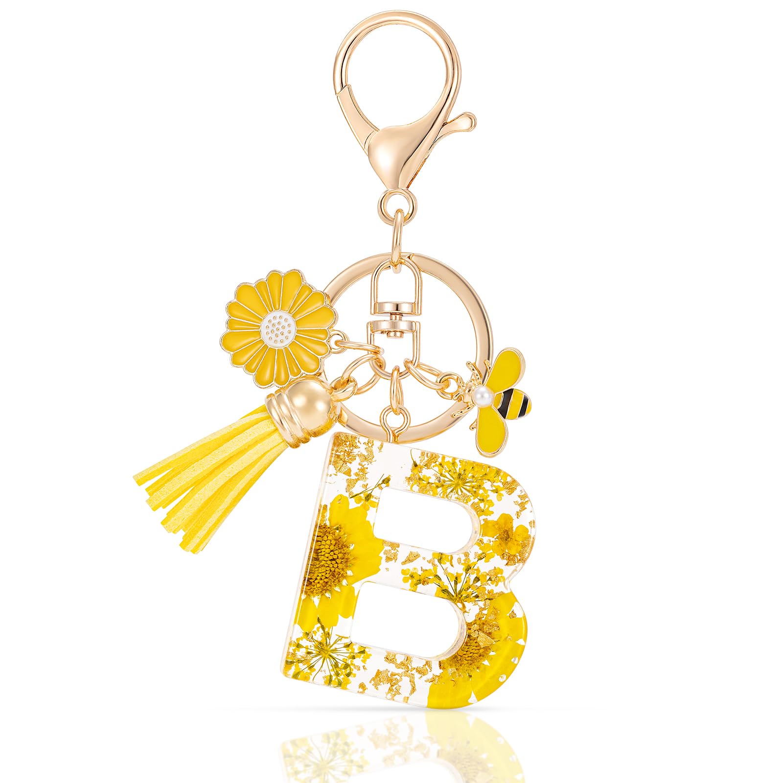 MWOOT Initial Letter B Keychain Resin Alphabet Keyrings,Yellow Petals Gold Foil Key Ring Charm with Daisy Bee Tassel Pendant,Key Chain for Women's Gift Ideas Wallet Purse Bag Handbag Decor(B)