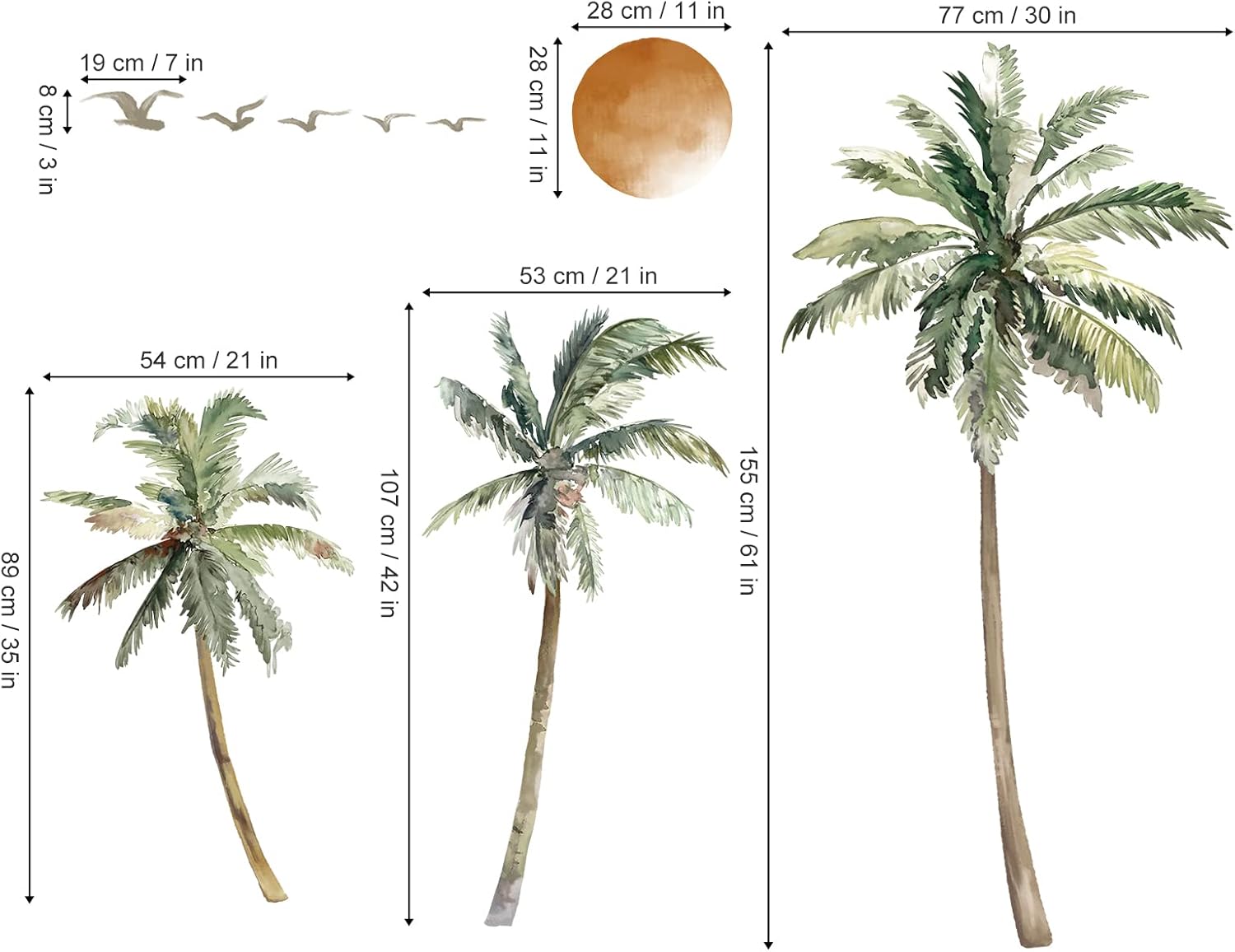 wondever Boho Palm Tree Wall Stickers Large Tropical Tree Sunset Peel and Stick Wall Art Decals for Living Room Bedroom TV Background (H: 63.8 inch)