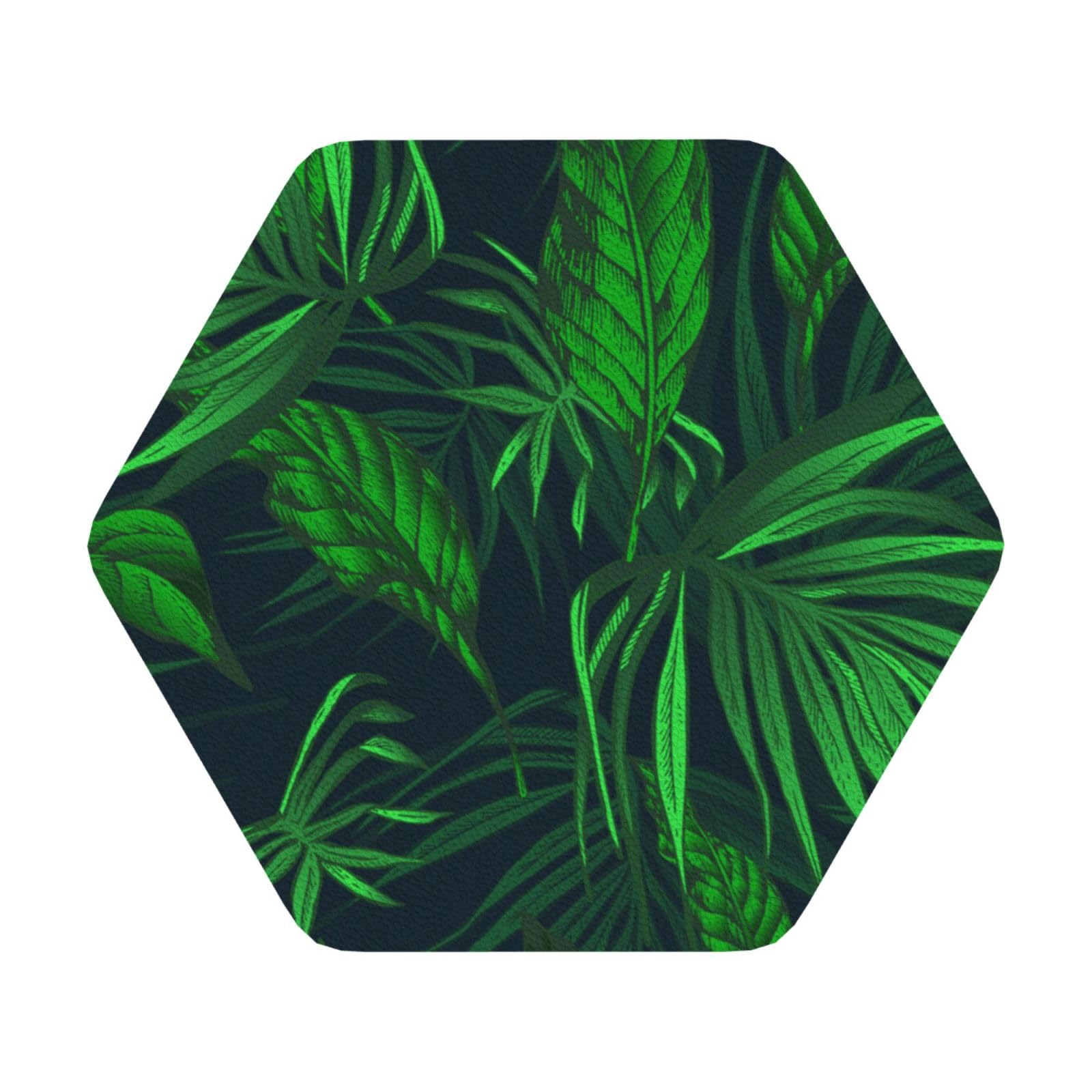 Green Tropical Plant PU Leather Coasters Set of 6 Hexagon Drink Coasters