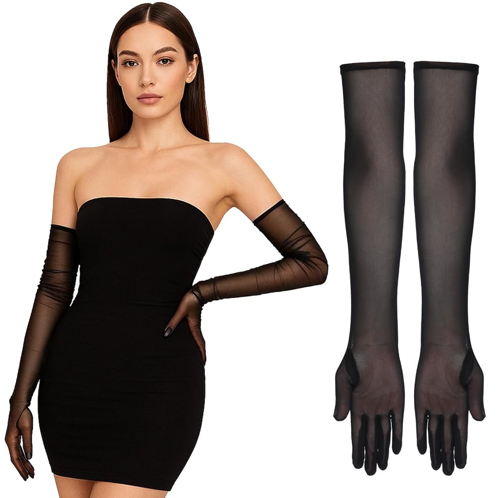 FdcLixuvol Long Women's Stretchy Black Sheer Gloves Long Black Mesh Sheer Blacks Mesh Tulle Glove Opera Evening Party Dance Glove For Women (21 Inch