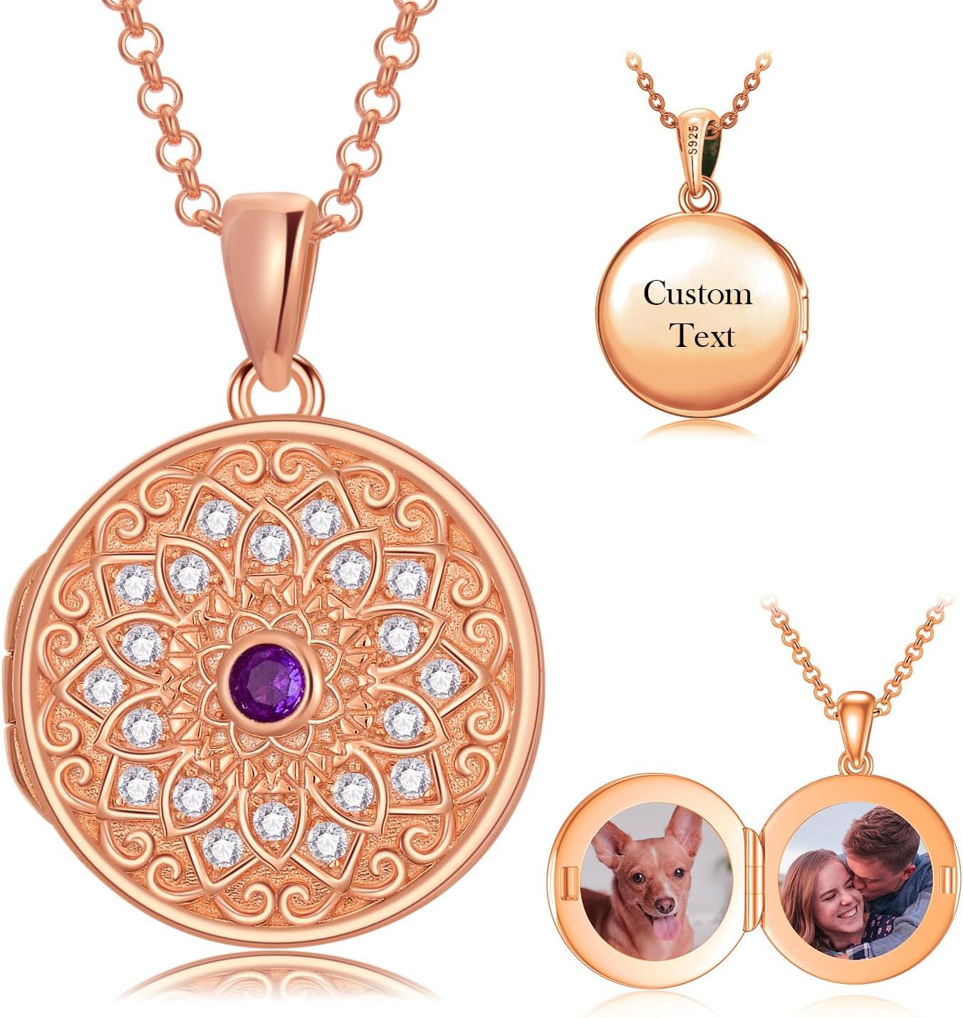 Round/Heart/Oval Shape Locket Necklace That Holds Pictures 925 Sterling Silver Personalized Birthstone Photos Engraved Locket Pendant Birthday Memorial Jewelry Gift for Women