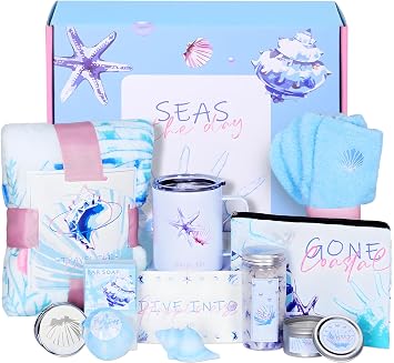 Birthday Gifts for Women, Self Care Spa Gifts Get Well Soon Basket Care Package, Flannel Blanket Candle Bath Bomb Personalized Mothers Day Gift for Mom Wife Grandma Friend Sister Ocean