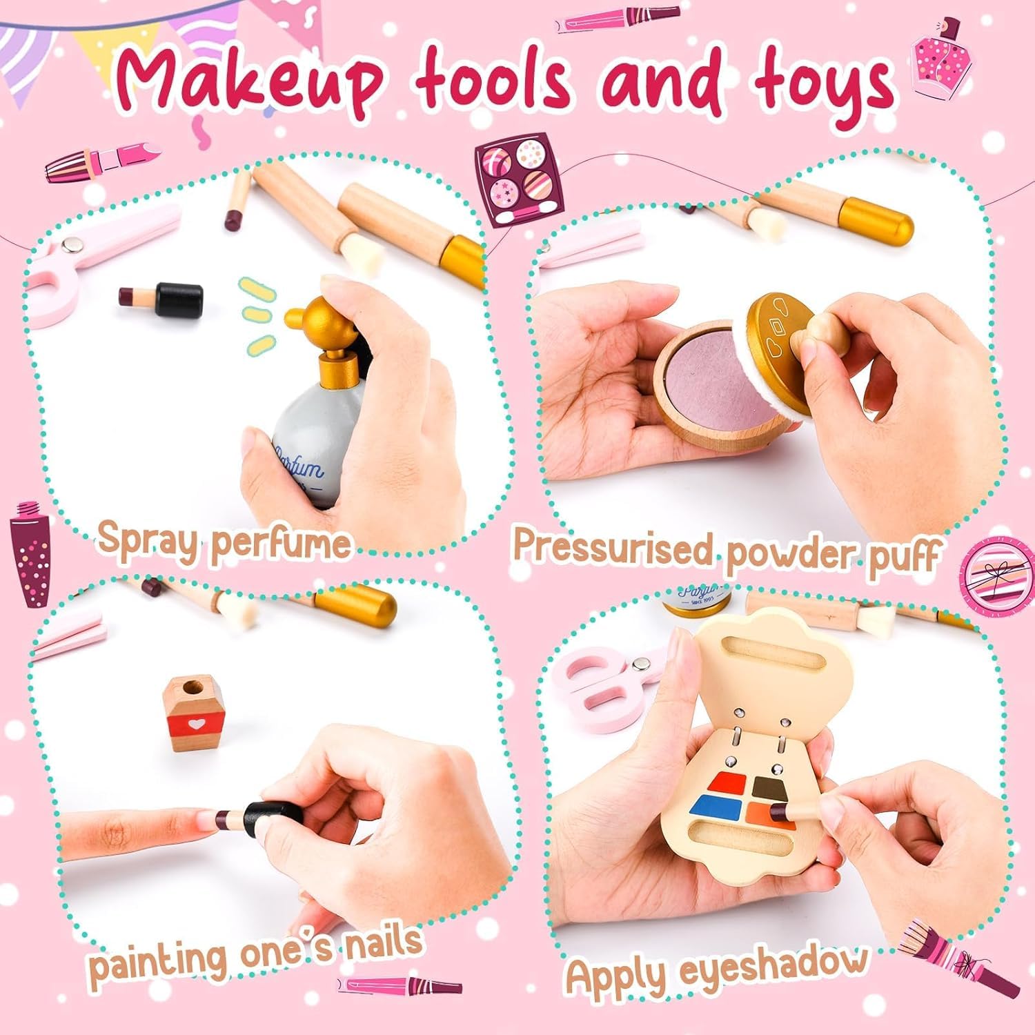 Set Trucchi Bambina in Legno Finti, Set di Trucchi e Parrucchiere in Legno con Rossetto Profumo Giocattoli per Bambini Ragazza 3 4 5 6 7 8 Anni