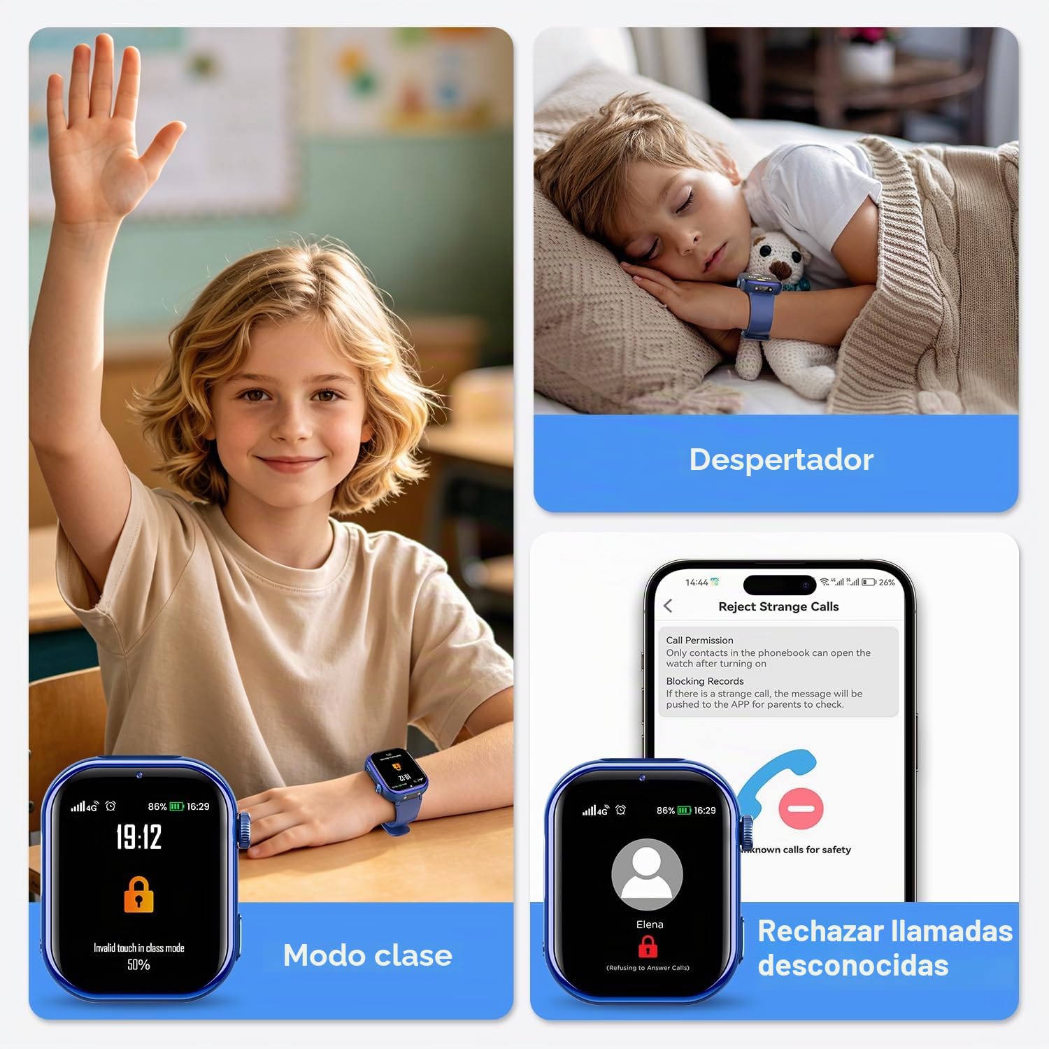 4G Reloj Inteligente Niños con gps y Videollamada, Smartwatch Niños con llamadas, Chat de Voz, SOS, Modo Escuela, Despertador, IP68, Linterna, Podómetro, Flashcard, Regalo para Niños Niñas, Azul