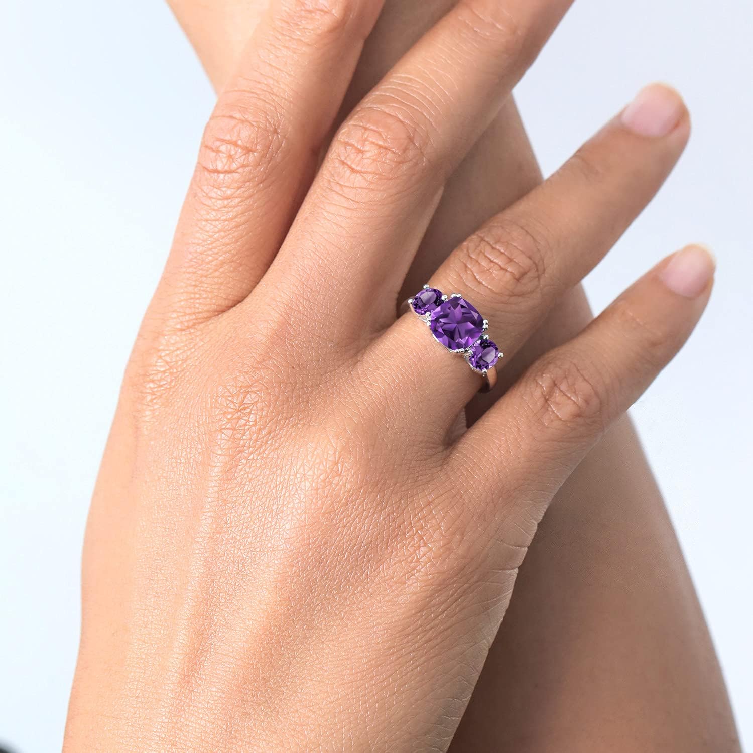 Gem Stone King 3.00 Cttw Purple Amethyst 3-Stone Engagement Ring For Women | 925 Sterling Silver | Gemstone February Birthstone | Cushion 8MM