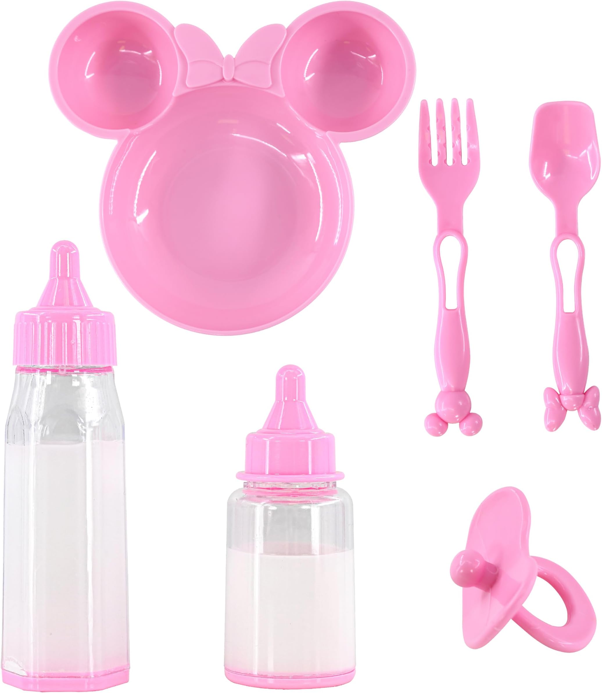 BiBi Doll 6 Pc Baby Doll Feeding Set with 2 Magic Milk Bottles, Pink Plate, Dummy & Utensils - Pretend Play Toy Accessories & Playset for Kids, Boys & Girls, Ages 3+