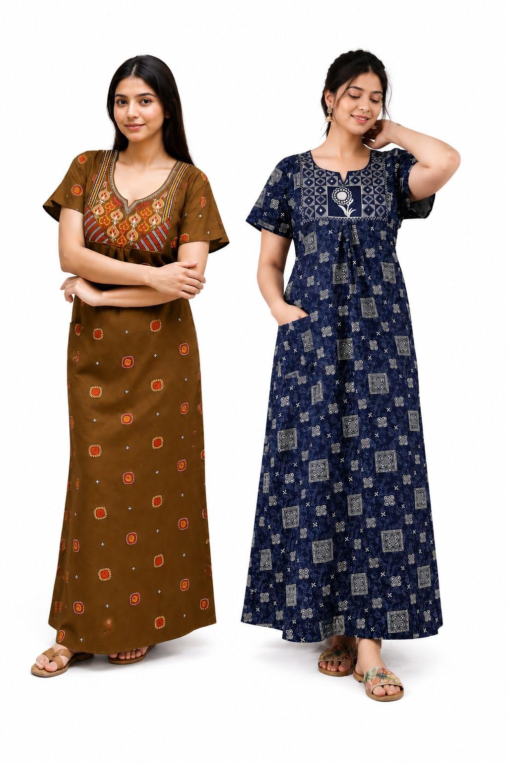 Women's Pure Cotton Maxi Nighty with Jaipuri Embroidery Print, Short Sleeve Night Gown with Pocket for Summer-picture-25