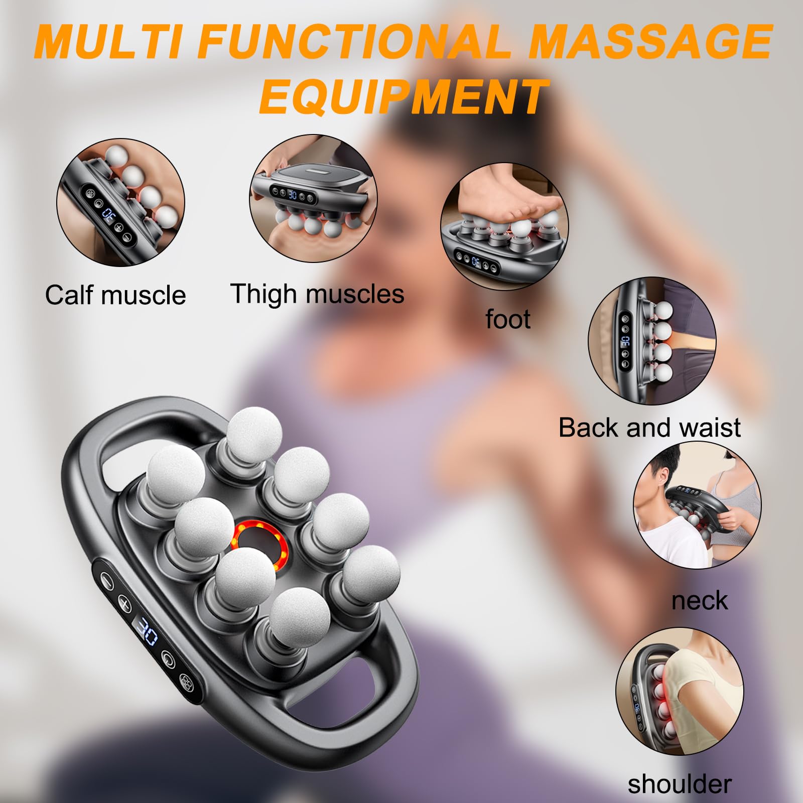 Pistola massaggiante a 8 teste, per massaggio muscolare, sollievo dal dolore muscolare, massaggiatore per spalle, schiena, collo, gamba/testa