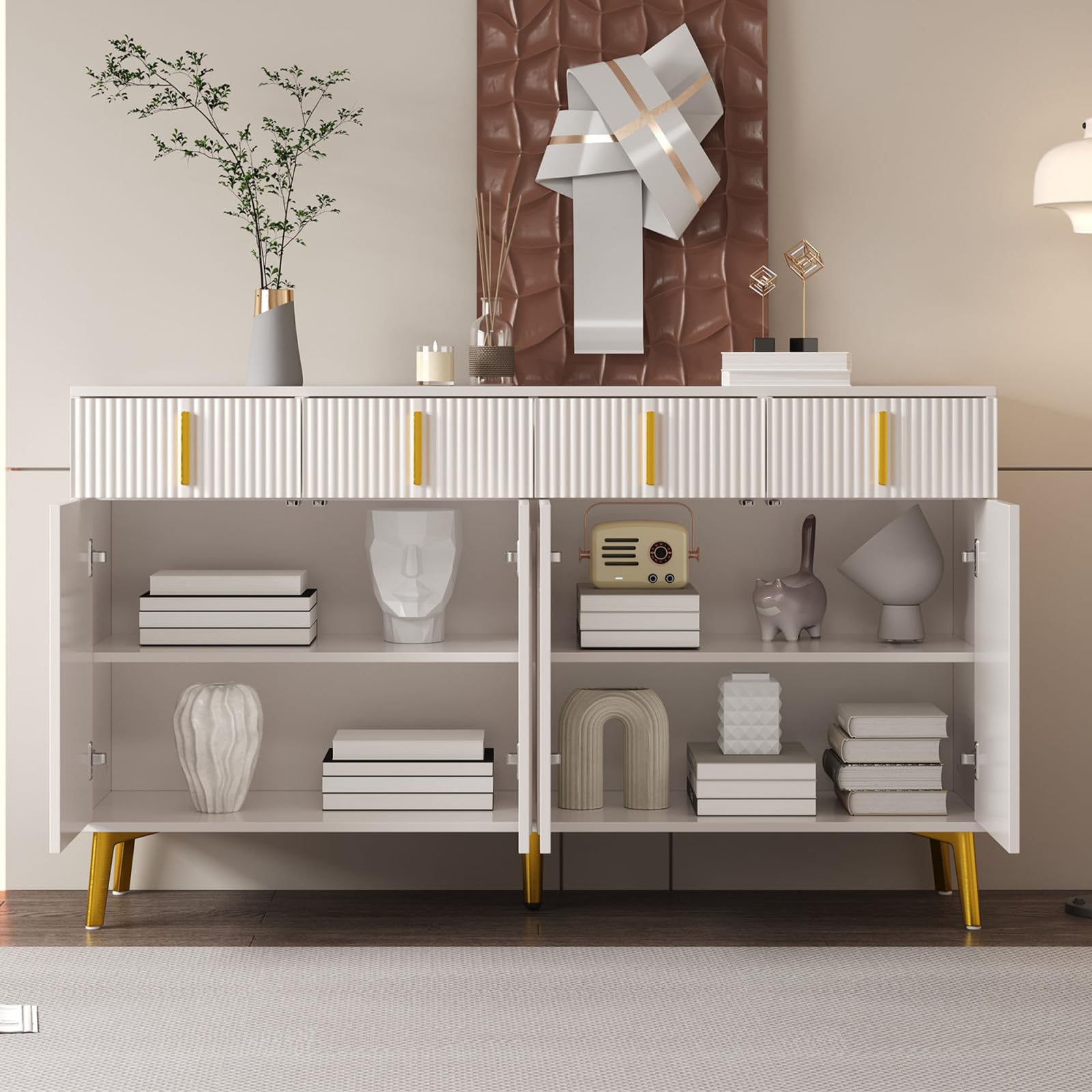 Sideboard mit 4 Türen, Modern Kommode mit 4 Schubladen, Schubladenschrank mit Griff und Beine, Küchenschrank für Flur, Schlafzimmer, Wohnzimmer, Geschwungenes Design, 140x38x82cm, Weiß