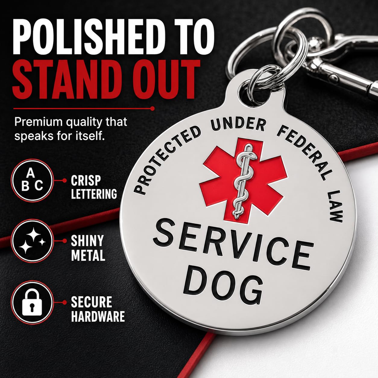 K9King Service Pet ID Tag - dwustronna ochrona federalna dla psa z czerwonym symbolem ostrzeżenia medycznego, 3,17 cm. Łatwo przymocować do kamizelki z uprzężą kołnierza