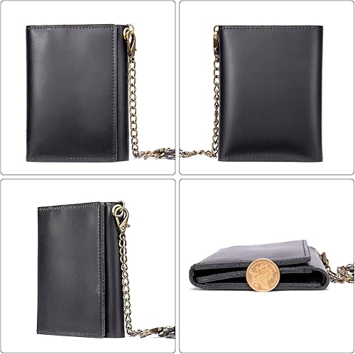 Miniatura 3 de NIUCUNZH Cartera pequeña de cuero genuino para hombre con cadena con ventana de identificación y bolsillo con cremallera, bloqueo RFID, Negro -,