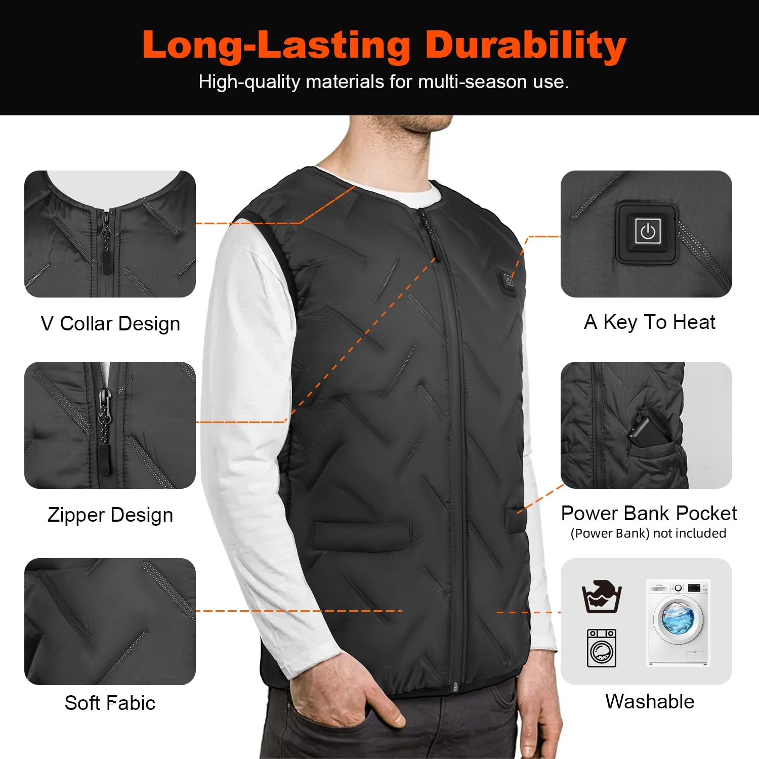 upstartech Gilet Riscaldato Uomo Donna, Moto Giubbotto Riscaldato Elettrico USB Lavabile con 3 Impostazione della Temperatura per All'aperto Lavoro, Pesca, Caccia e Campeggio (Senza Batteria)
