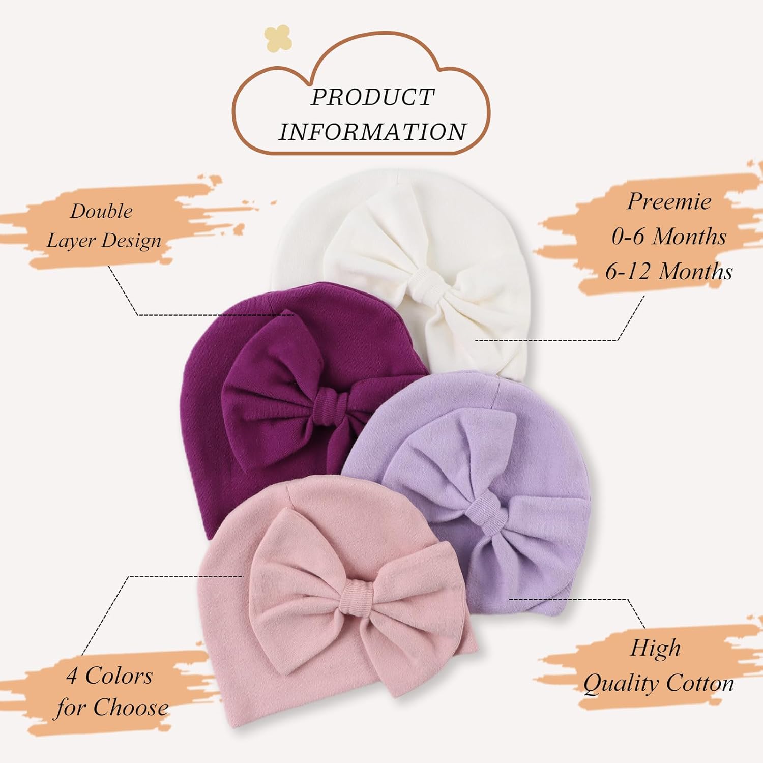 Bamery Newborn Baby Girl Hat Cotton Baby Bow Beanie Preemie Hats Spring Infant Hats for Girls 0-12 Months - Image 2