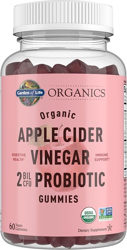 Gomitas probióticas de vinagre de sidra de manzana Garden of Life Vitaminas gomosas ACV orgánicas USDA, 2 mil millones de UFC, vitamina B12-60 de alimentos integrales veganas, gomitas sin OGM para digestión e inmunidad