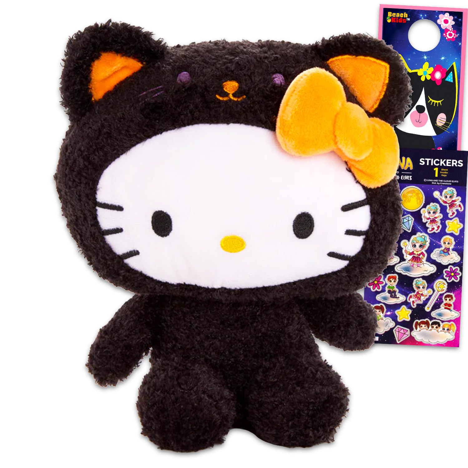 Sanrio Hello Kitty - Juego de peluche de gato negro para niñas, paquete con muñeca de peluche de gato negro Hello Kitty de 9 pulgadas más calcomanías, más regalos Sanrio para niños y niños