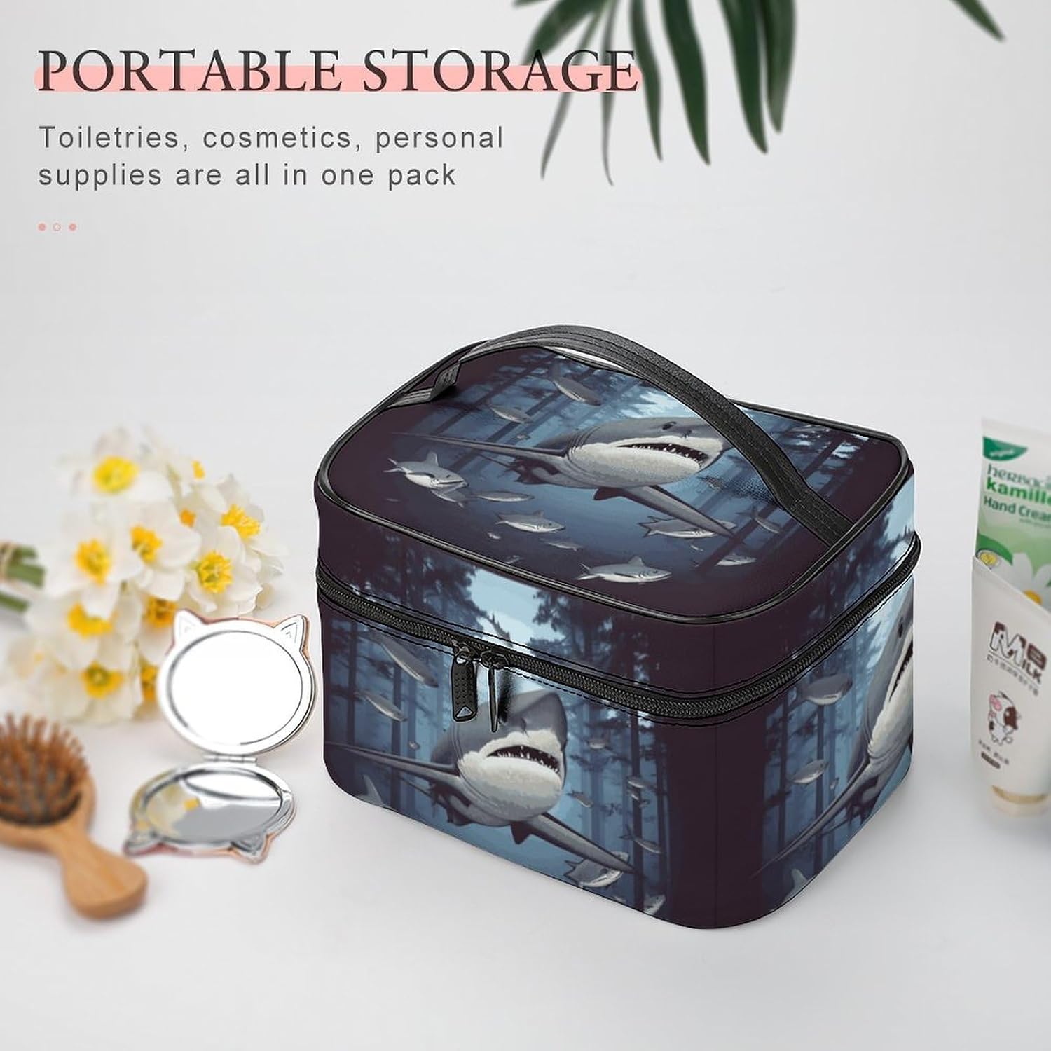 Travel Makeup Bag Portable Large Cosmetic Bag with Handle And Compartment image 5