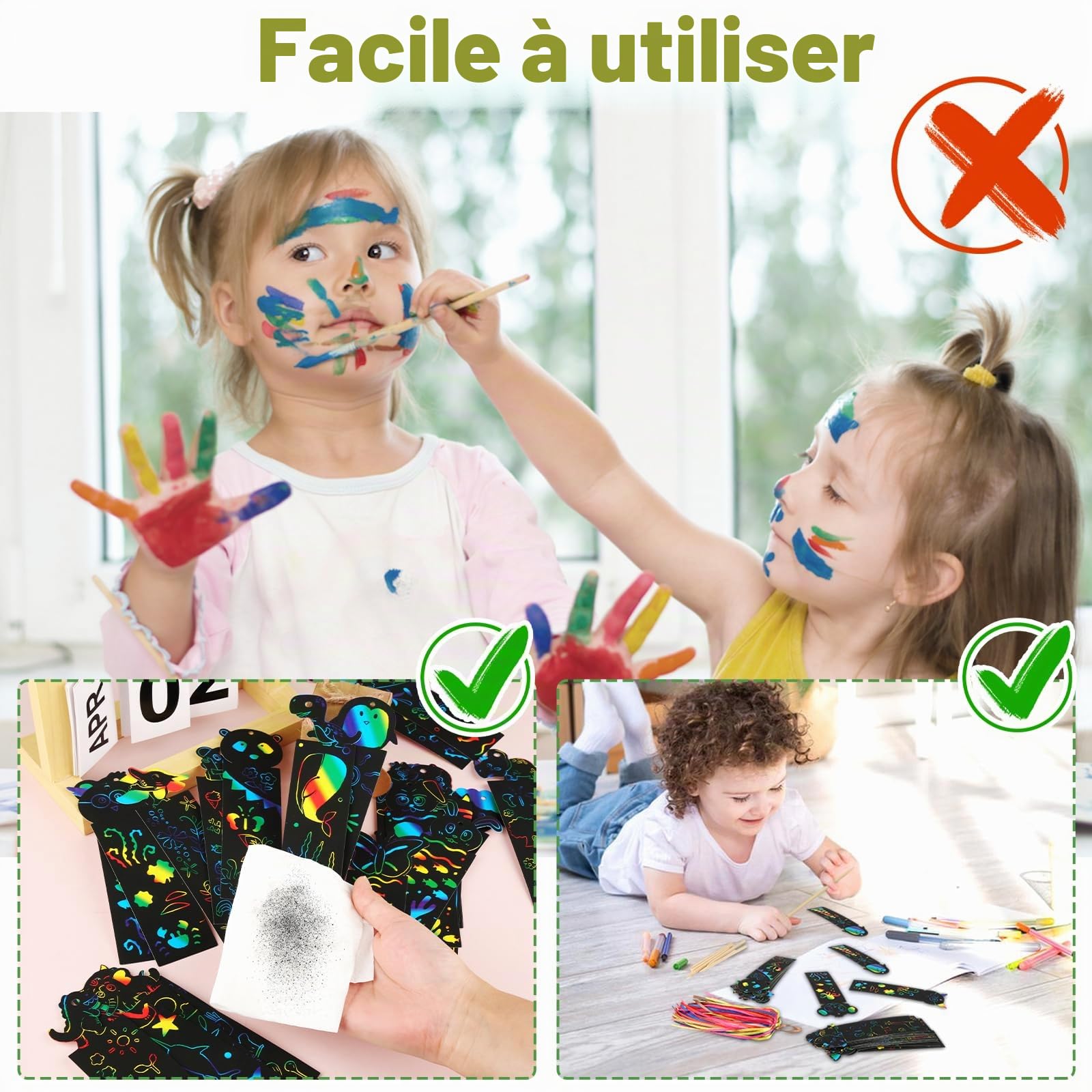 Lot de 48 Images à gratter pour Enfants avec Marque-Pages d'animaux, Stylos en Bois et Rubans - Papier à gratter créatif