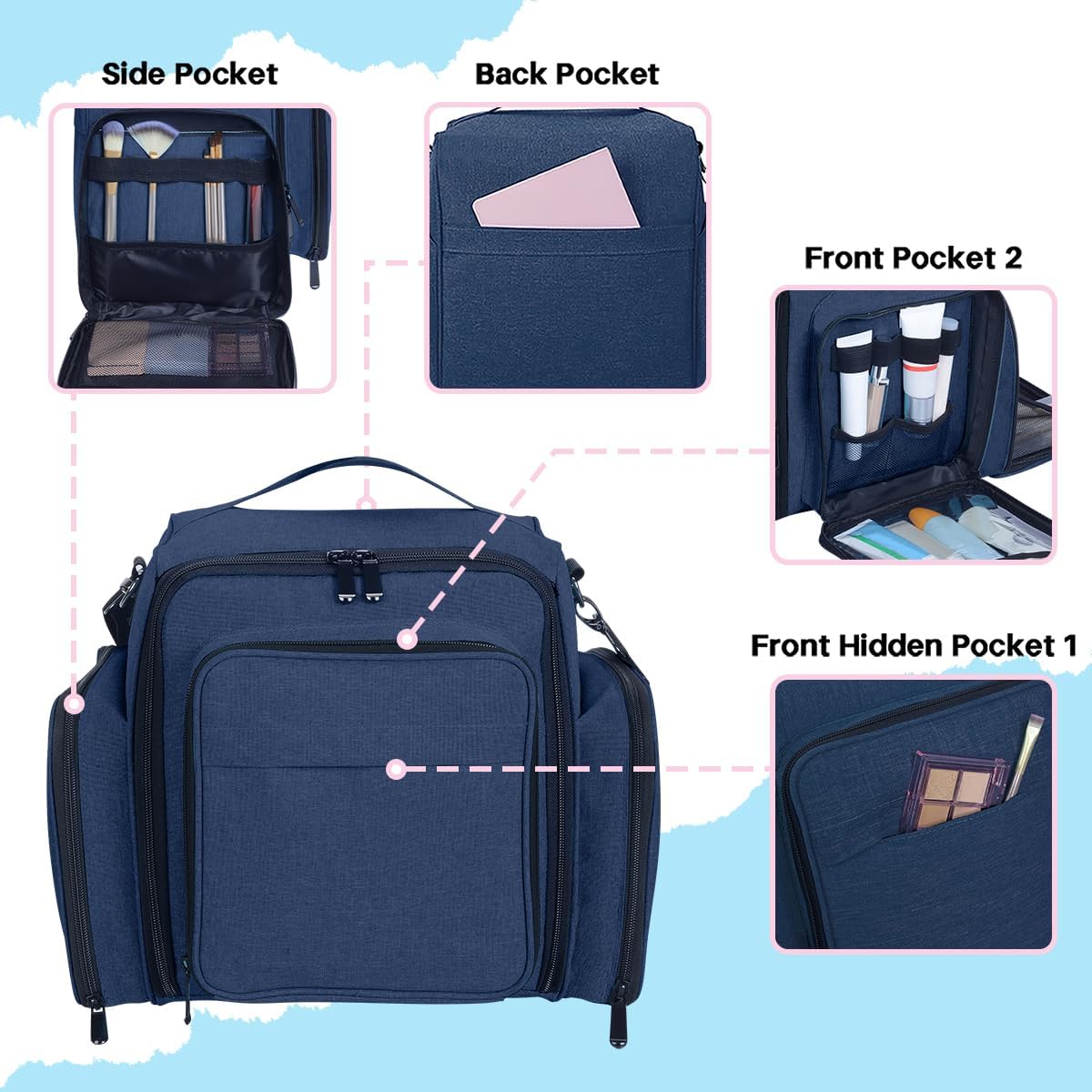 Train Case Makeup Bag Large Cosmetic Organizer with 3 Inner Removable Pouches Multifunctional Travel Makeup Artist Storage,Blue