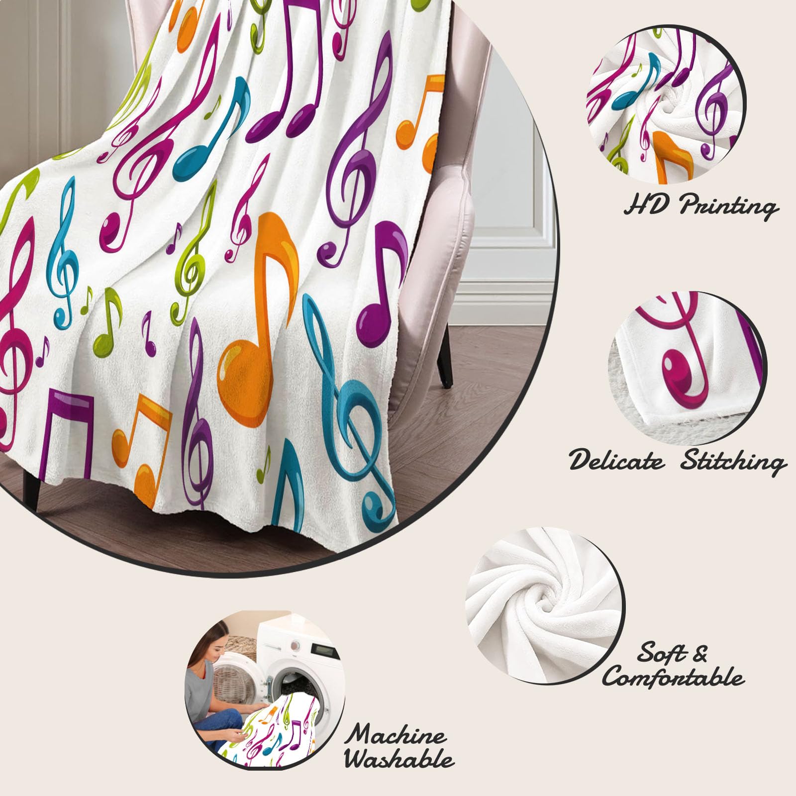 Coperta Stampa Musica Note Musicali, Coperta Arte Musicale Moderna Leggero e Accogliente, Calda Invernale Flanella Colorato Copertas Divano, per Divani Letti e Arredi da Esterno 200x220 cm