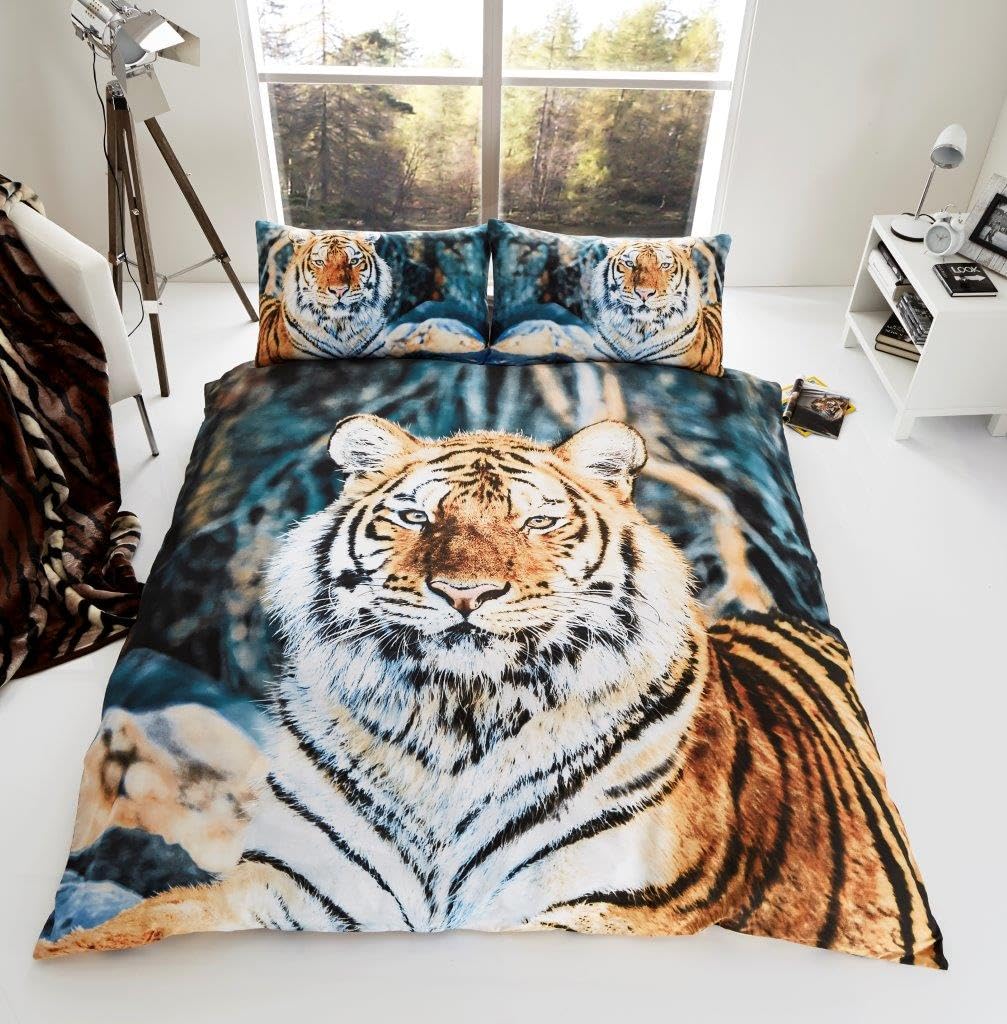 Lions 3D Tiger Animal Print Bedding Set, Luxury 3D Printed Microfibre Duvet Cover Sets With Pillowcase, 100% Polyester Reversible Quilt Covers, Tiger, Double Bed Size, 200X200cm