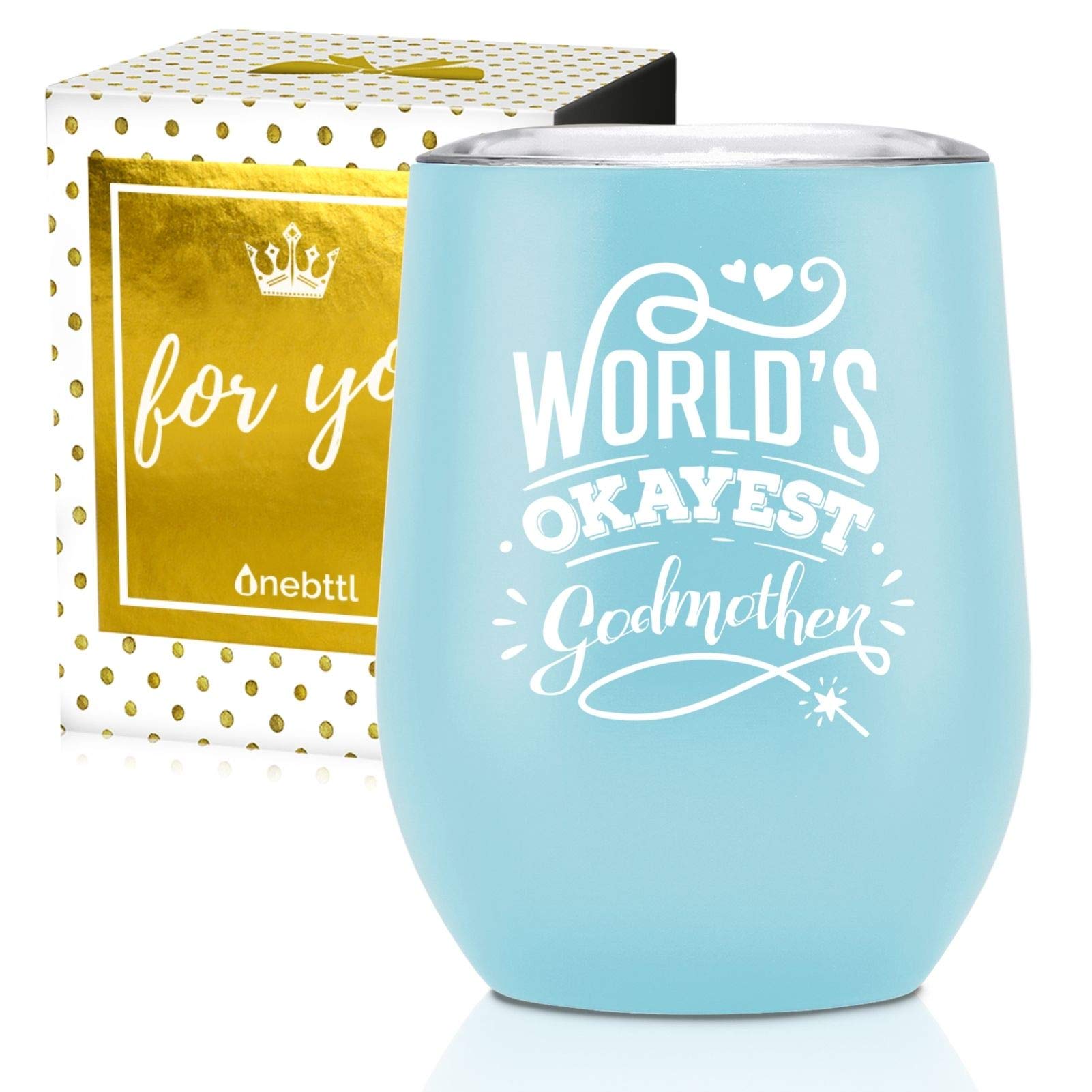 Onebttl Godmother Gifts, Stainless Steel Wine Tumbler for Best Friend, Aunt, Sister Godmother Godparent Proposal, World's Okayest Godmother Slogan-Blue