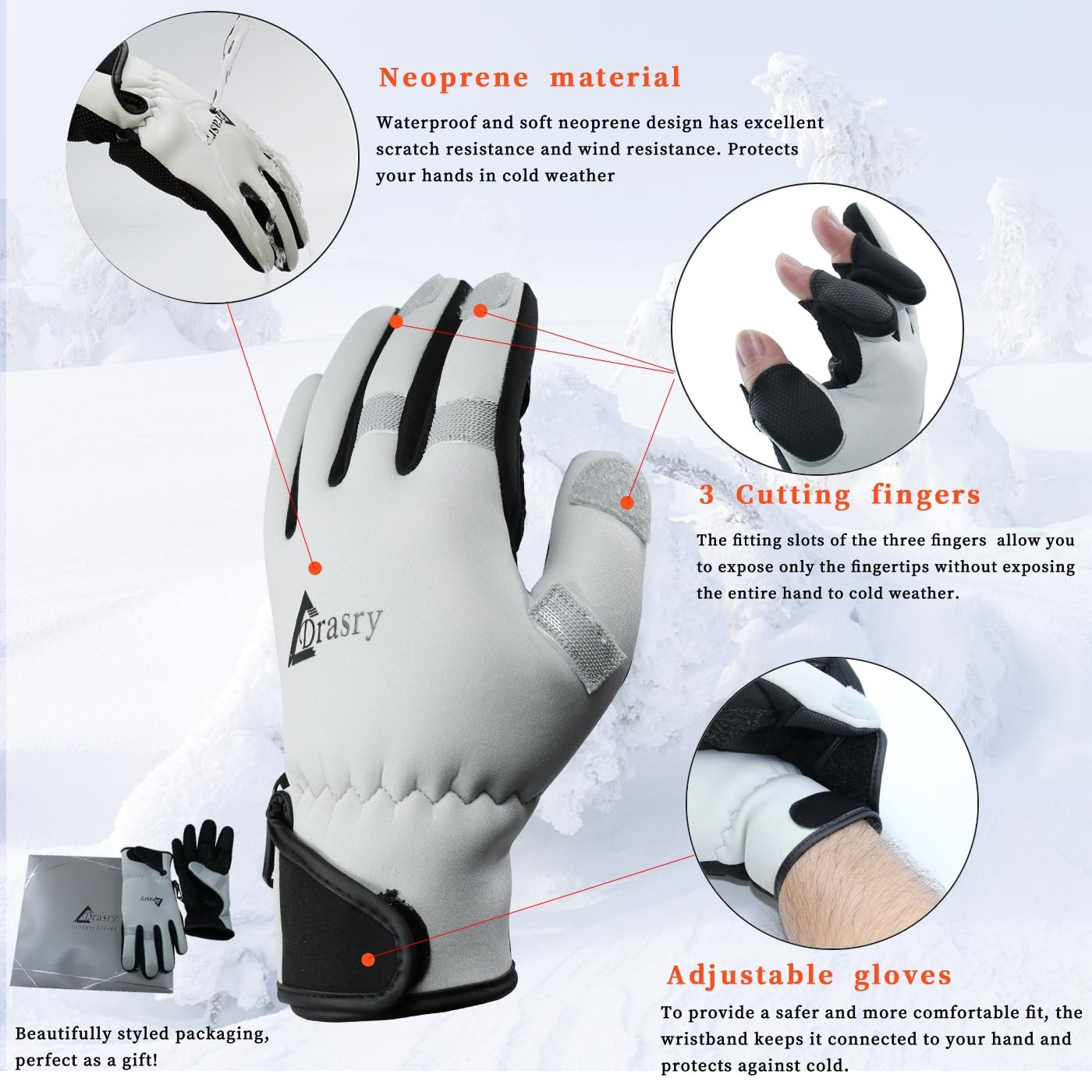 Drasry Neoprene Fishing Gloves Touchscreen 3 Cut Fingers Warm Cold Weather Suitable for Men and Women Ice Fishing Fly Fishing Photography Motorcycle Running Shooting