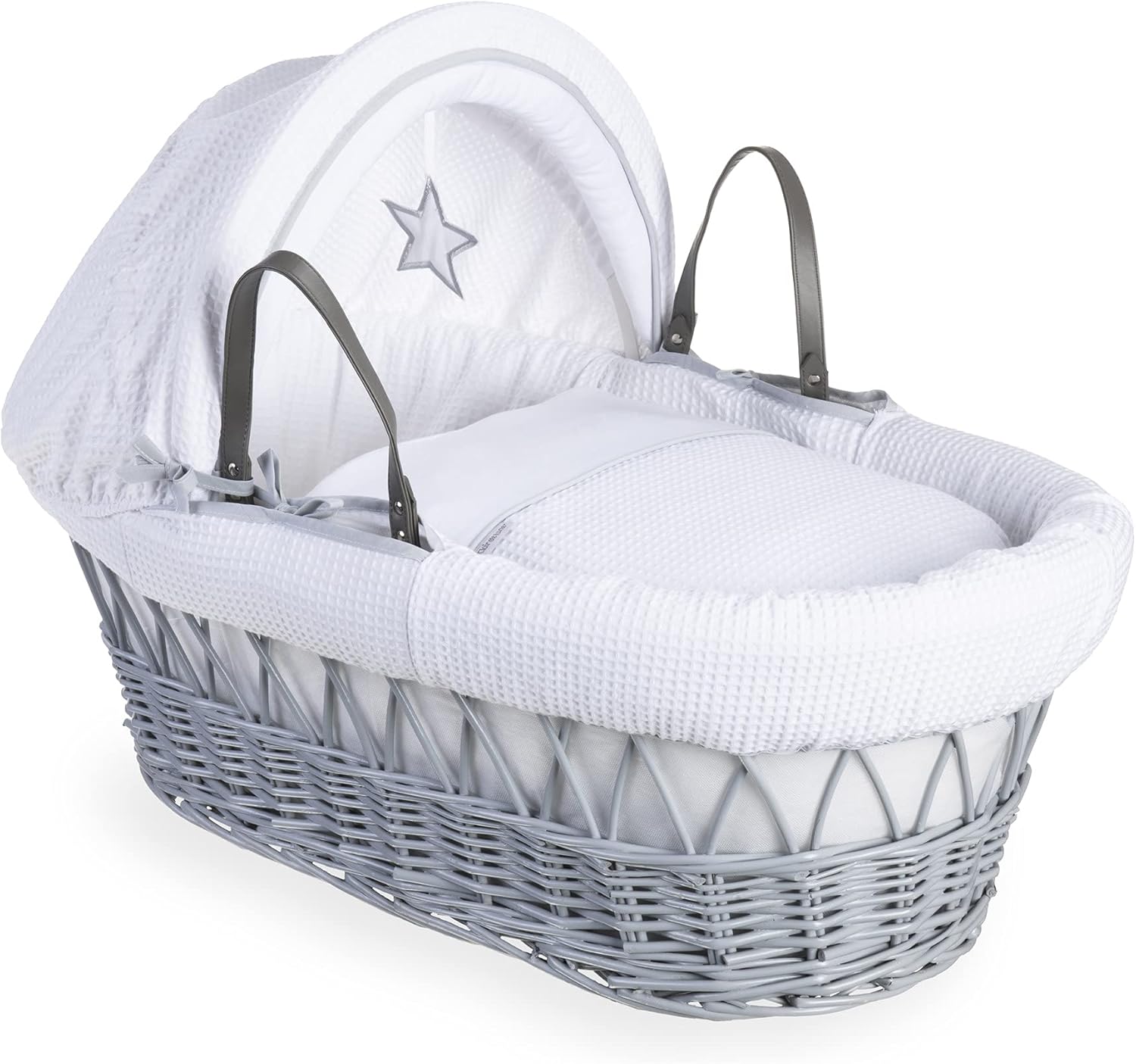 Clair de Lune Silver Lining Grey Wicker Moses Basket with bedding Includes mattress, Hood