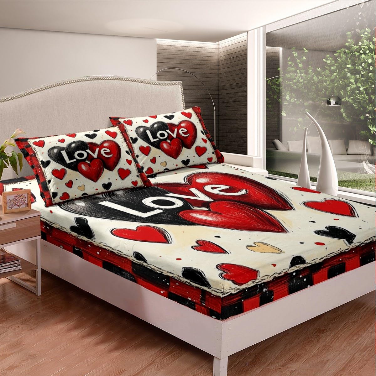 Love Pattern Fitted Sheets Twin Size,Valentine's Day Bedding Set 2Pcs for Kids Girls Boys Adult Room Decor,Couple Lovers Bed Cover Romantic Red Black Deep Pocket Sheet (No Flat),1 Pillowcase