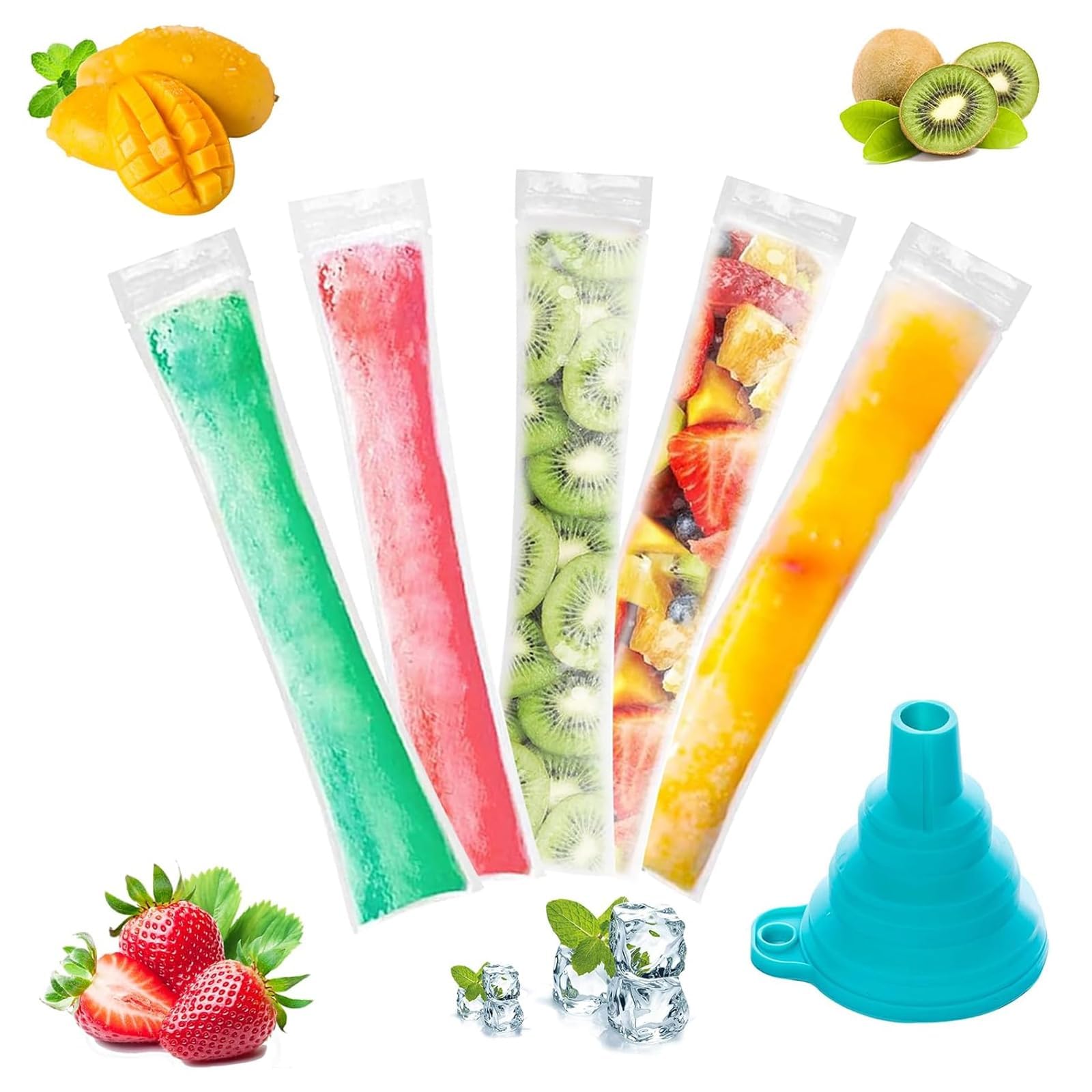 Ice Cube Tray, Ice Lolly Moulds, 80 Pcs Ice Pop Bags with Funnel, Disposable Popsicle Mould Bags, Leakproof Ice Lolly Bags for DIY Popsicles, Yogurt Sticks, Juice & Fruit Smoothies-image-0