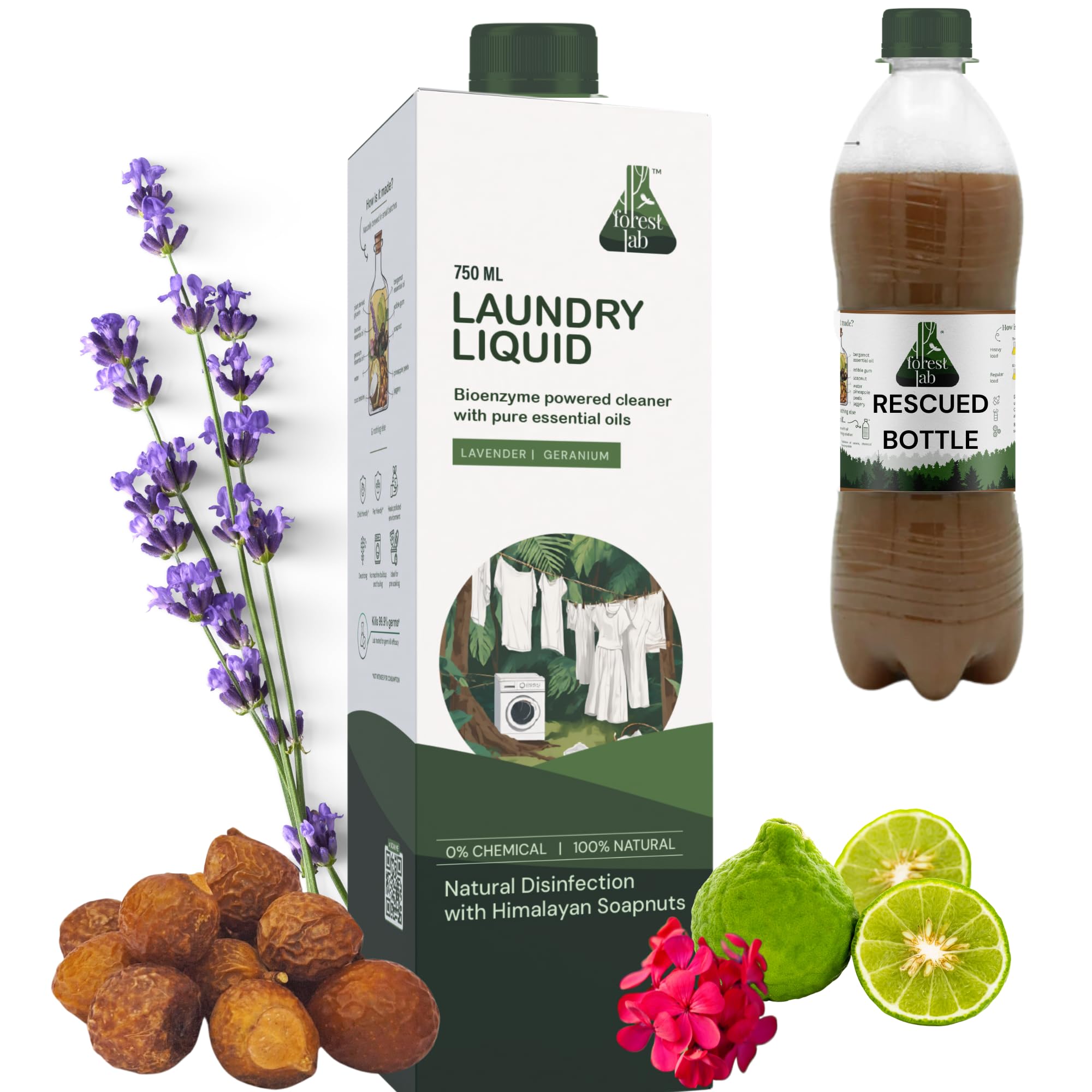 Forest Lab Natural Laundry Liquid Detergent | Pure Lavendar & Geranium Essential Oil Fragrance | Bio-Enzyme Powered | Front & Top Load | Tough on Stains | Baby Safe | Eco-Friendly (750 ml (Pack of 1))
