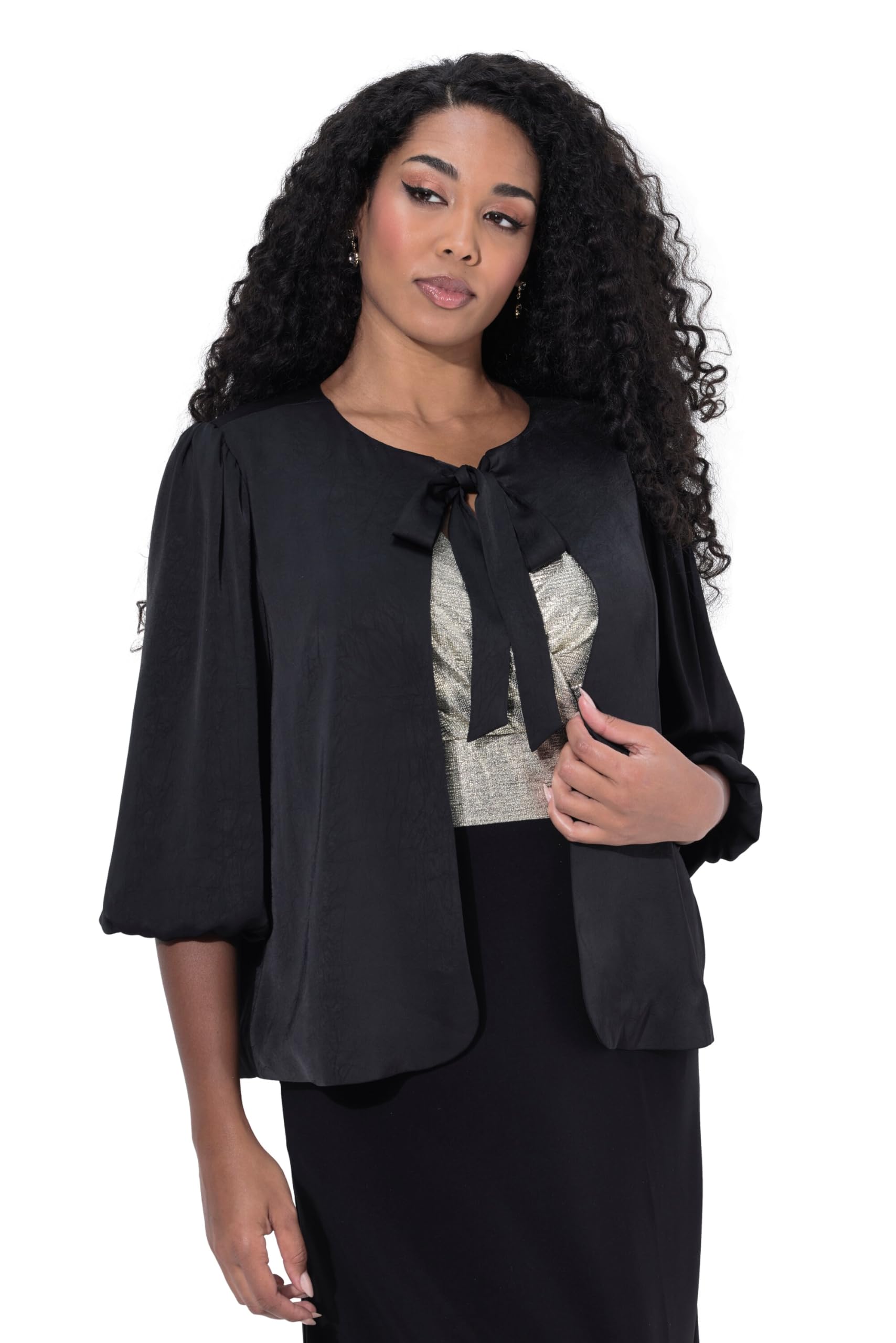 Ulla Popken Damen große Größen Übergrößen Plus Size Jacke, kurz, Schleife, Rundhals, weiter 3/4-Arm 842712