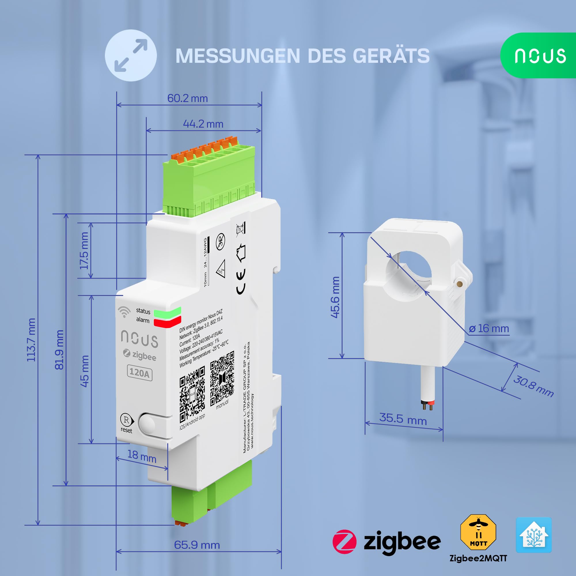 NOUS ZigBee Smart DIN Stromzähler 120A, Energieverbrauchsmonitor, Kompatibel mit Alexa & Google Home, DIN-Schienenmontage, Echtzeit-Überwachung