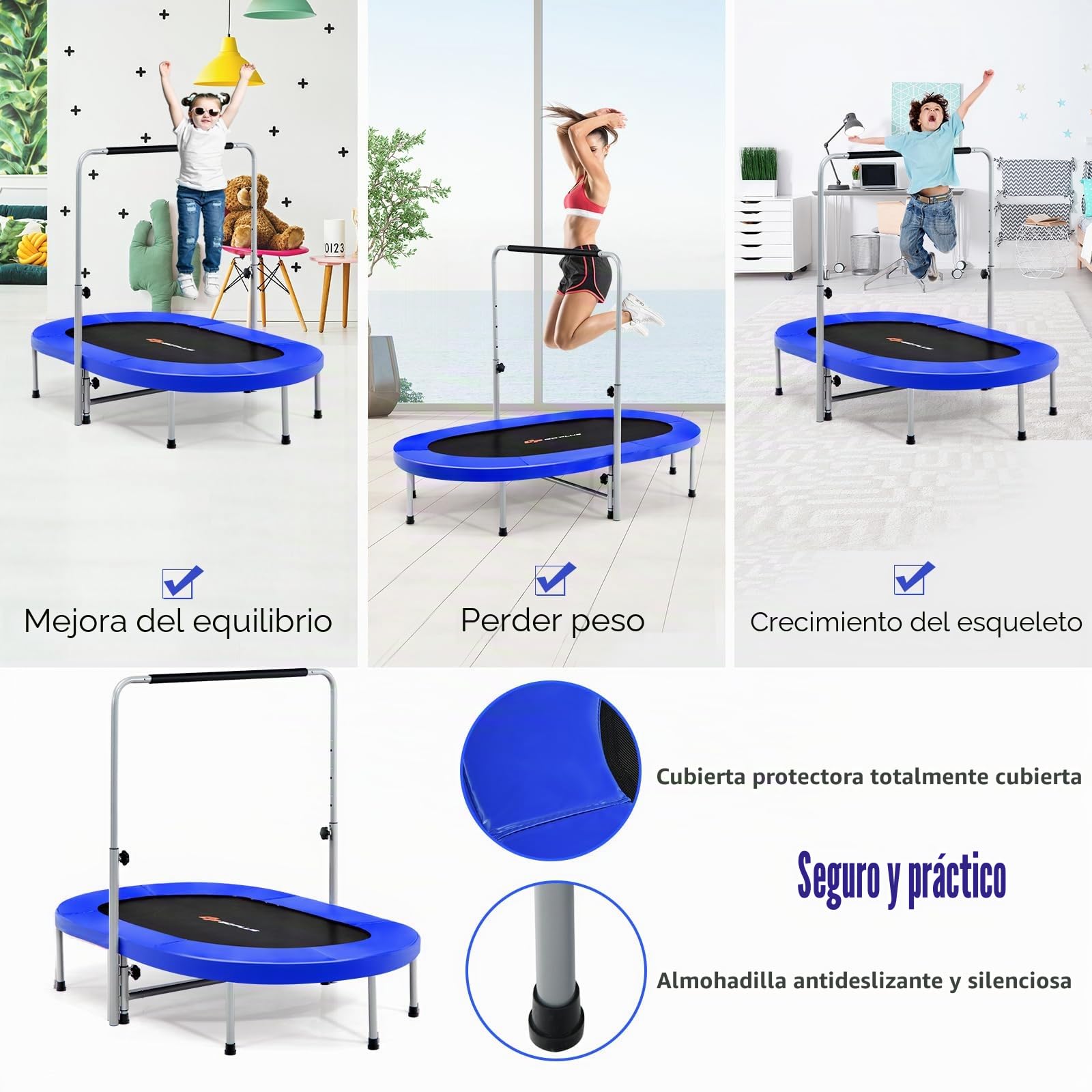 KOMFOTTEU - Trampolín doble de ocio para niños, 154 x 90 cm (largo x ancho), trampolín de fitness plegable, mango ajustable, rebotador ovalado para niños y adultos, carga máxima de 150 kg