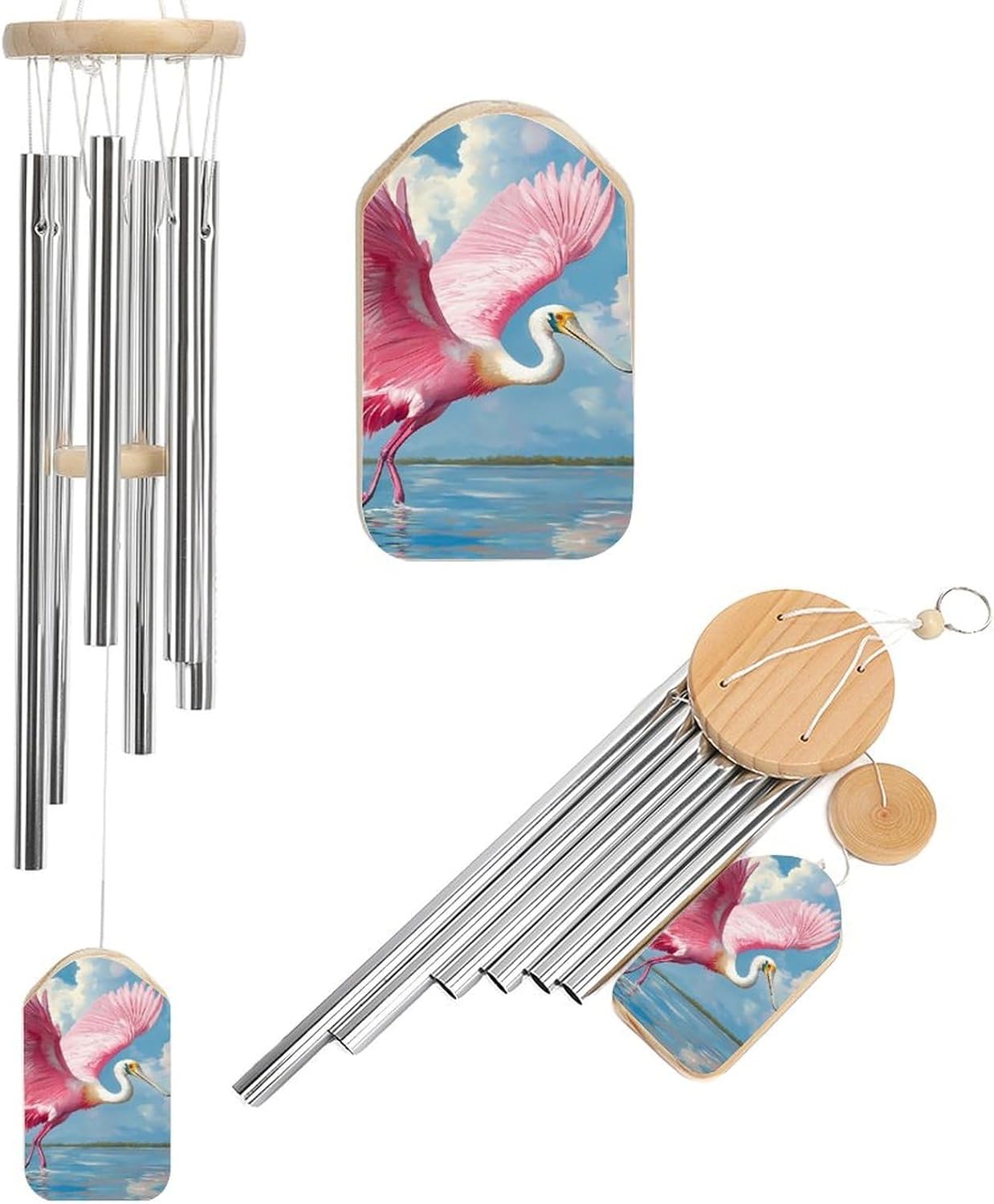 Roseate Spoonbill Cute Wooden Wind Chimes Deep Tone Memorial Windchime for Outside Garden Home Decoration