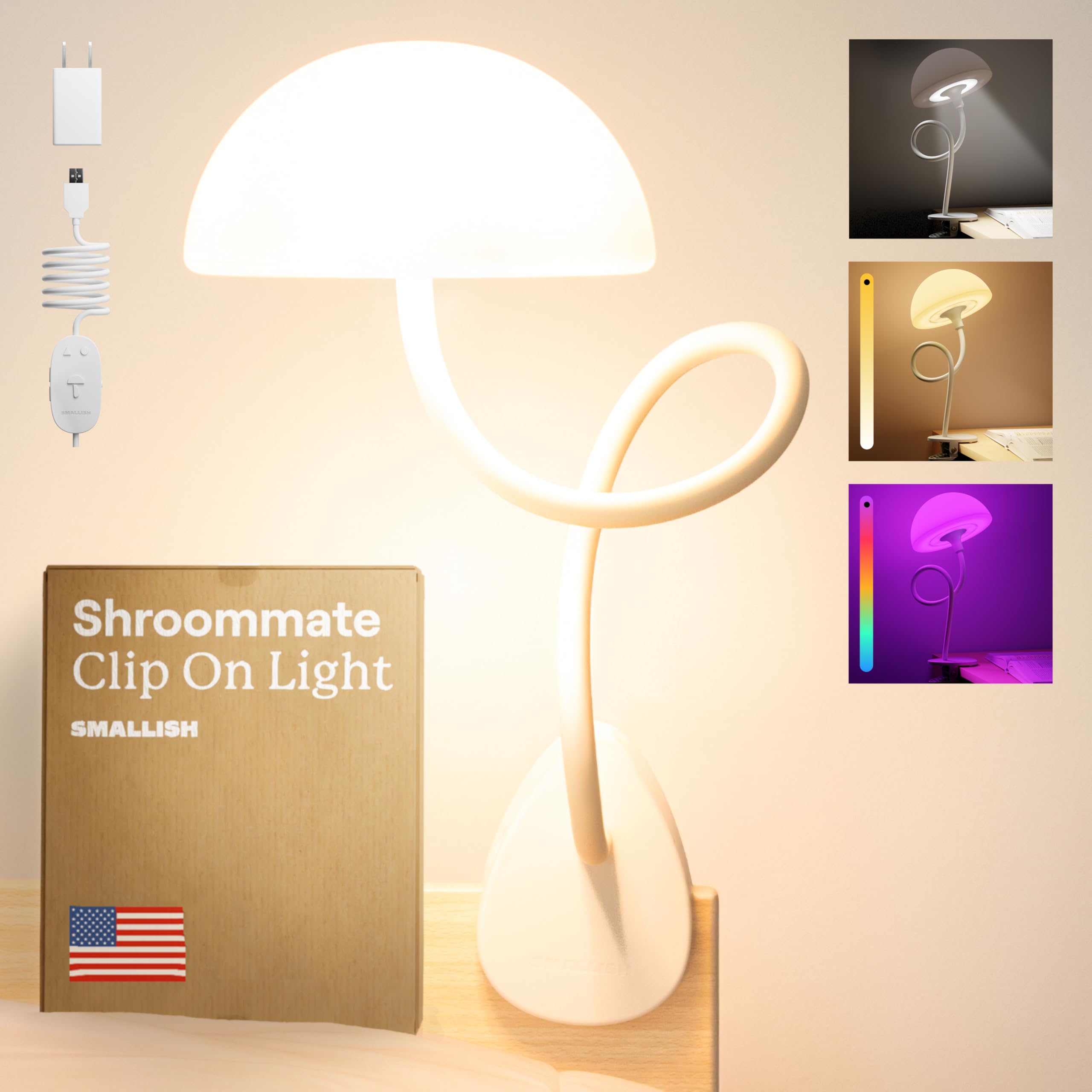 Shroommate Clip On Light and Bed Headboard Lamp, Bedside Table Lamp, Dorm Room Essentials, Night Light for Kids Nursery, Clip on for Desk, MultiColor LEDs, Adapter Included (White)