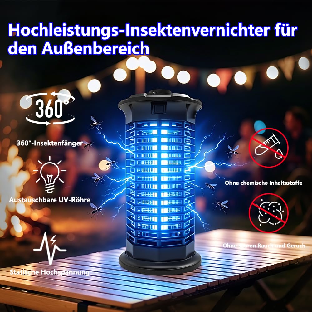 Insektenvernichter Elektrisch, 360° Mückenvernichter Lampe, 3 m Netzkabel UV Mückenlampe Hochspannung insektenfänger, Fliegenfalle elektrisch mückenfalle für Innen Auße, Anti Mücken, Fliegen, Motten