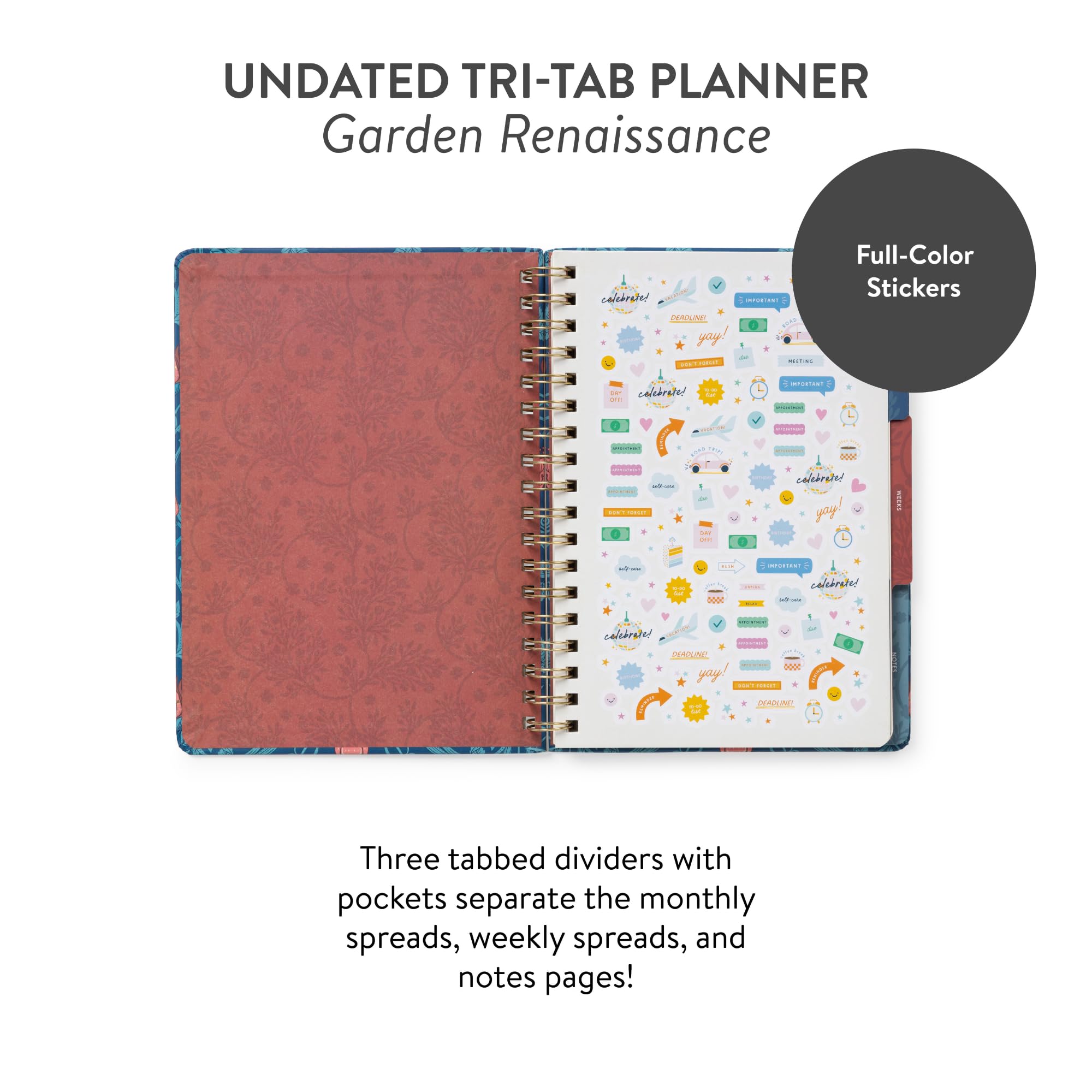 Orange Circle Studio Undatierter Tri-Tab-Planer, Garten-Renaissance-Wochen- und Monatsplaner, Tagebuch, 17,8 x 24,9 cm, Spiralnotizbuch mit Aufklebern, Taschen, Gummibandverschluss und linierten