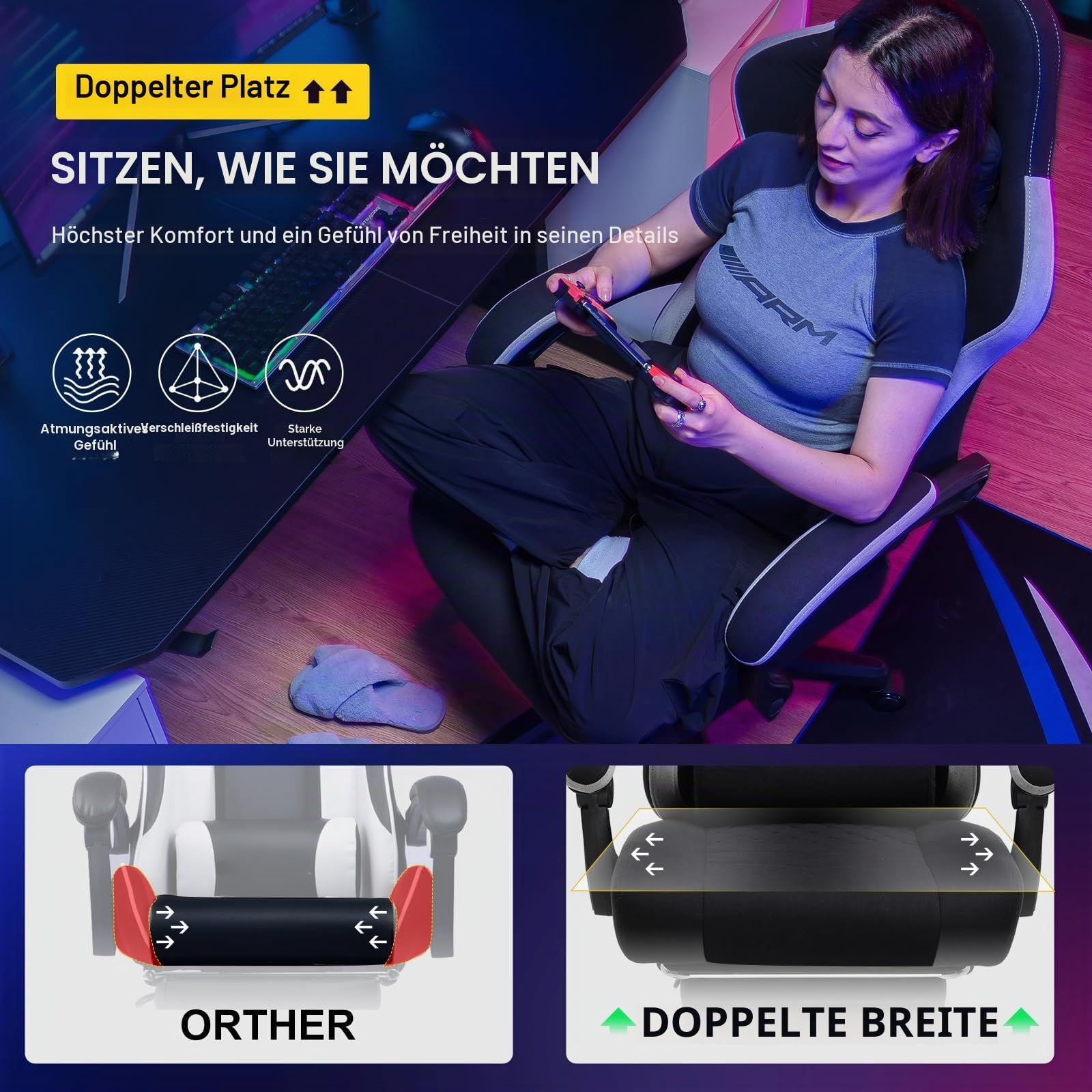GTPLAYER Gaming Stuhl Ergonomischer Sessel mit Stoffoberfläche, Federsitzkissen, Armlehnen und Fußstütze 150KG, hellschwarz