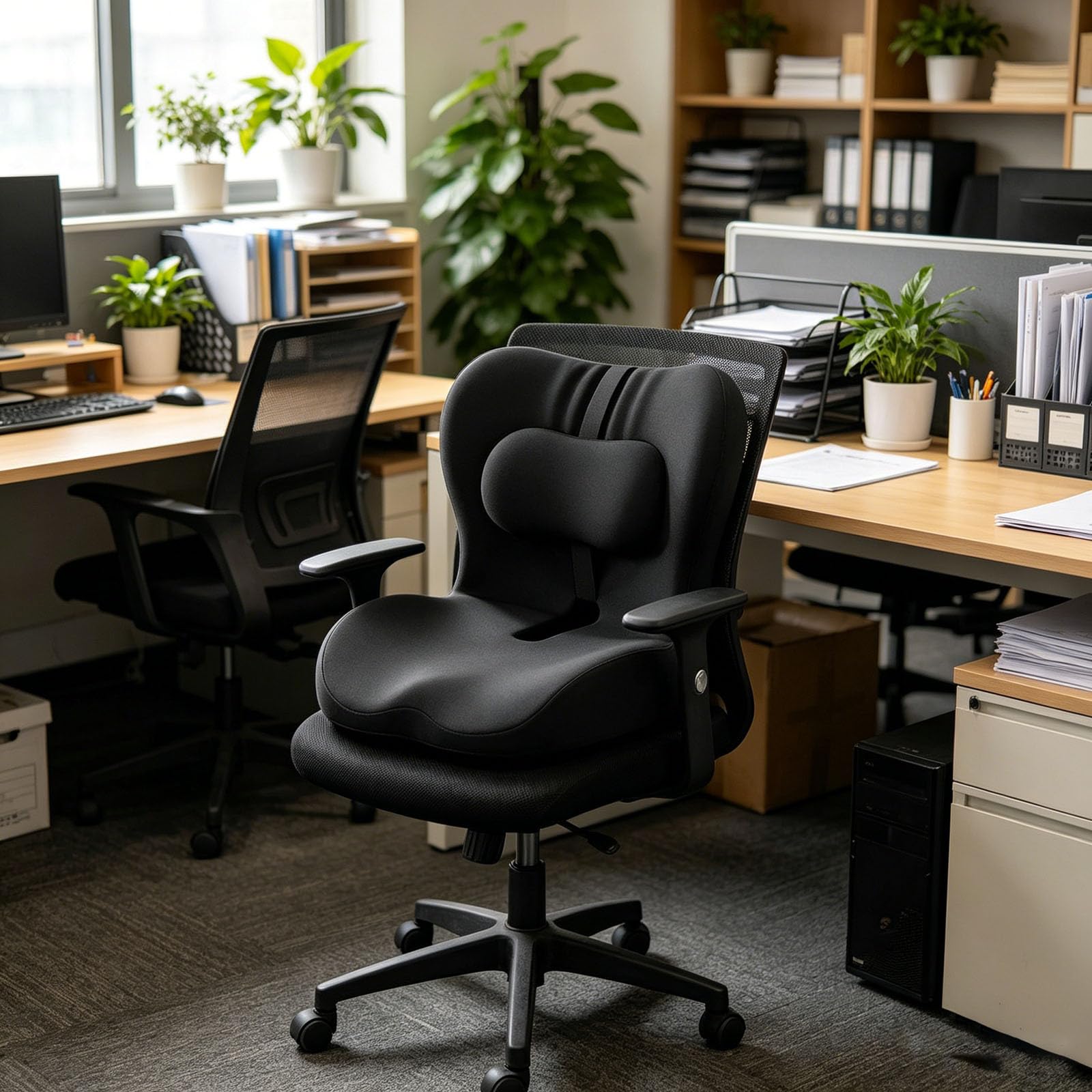 Generisch Cuscino integrato in memory foam a forma di L con supporto lombare, cuscino ortopedico per sedia da ufficio, schienale ergonomico per casa, auto, sedie a rotelle e sedie da ufficio (nero)