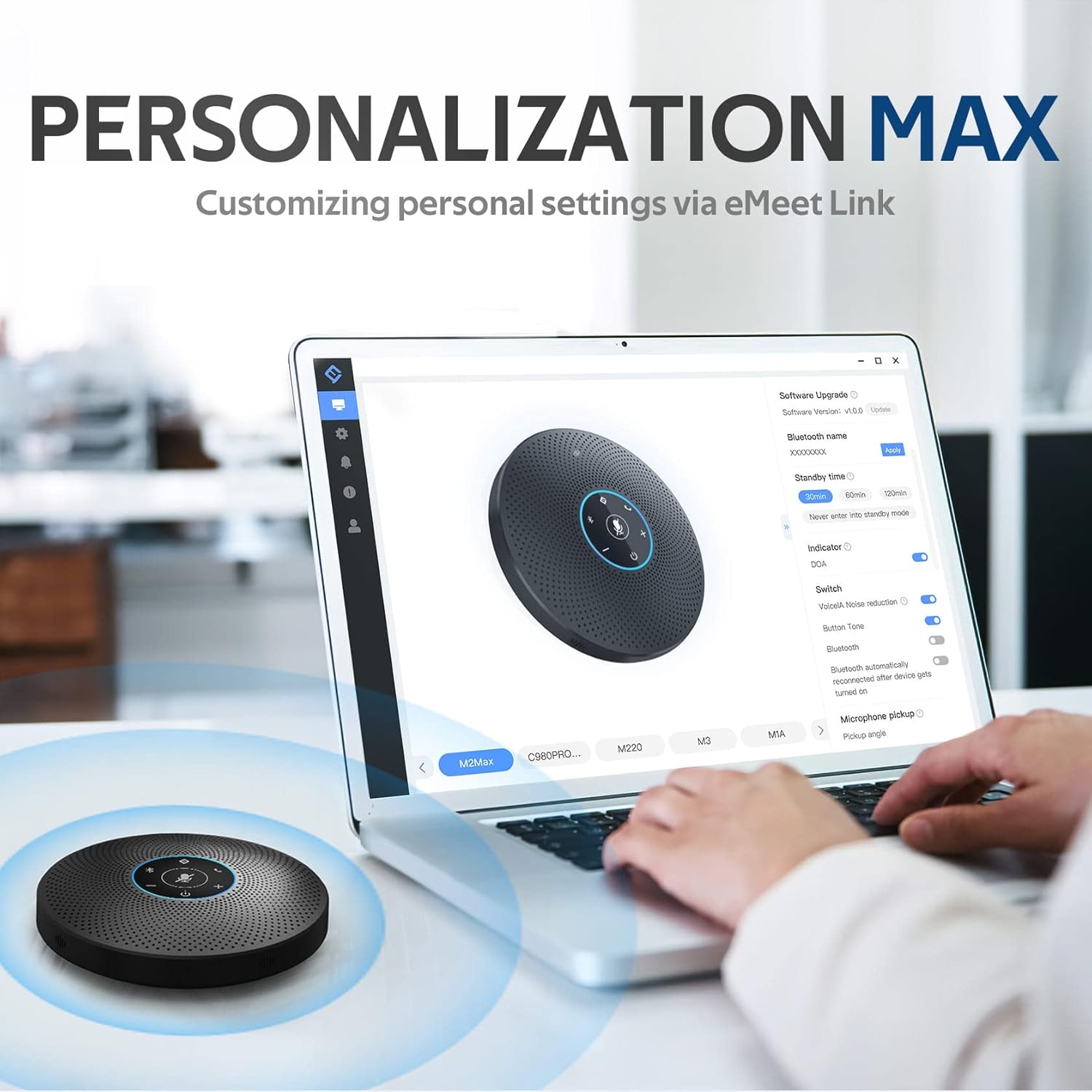 Bluetooth Speakerphone - eMeet M2 Max Professional Conference Speaker and 4 Directional Mics for up to 15 People Business Conference Calls High Volume Noise Reduction Daisy Chain Dongle Home Office : Office Products