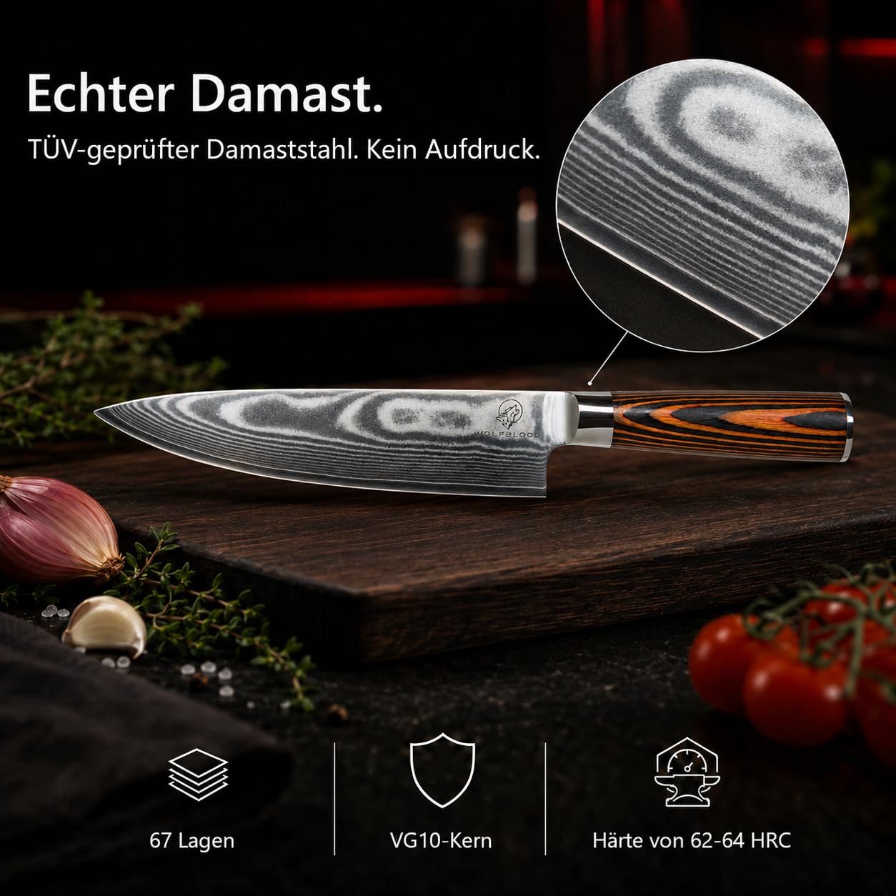 Wolfblood Damastmesser Küchenmesser XL (32cm) TÜV geprüfter 62 HRC Damaststahl aus 67 Lagen I Damast-Küchenmesser Chefmesser Kochmesser mit Holzgriff Geschenkbox und Klingenschutz