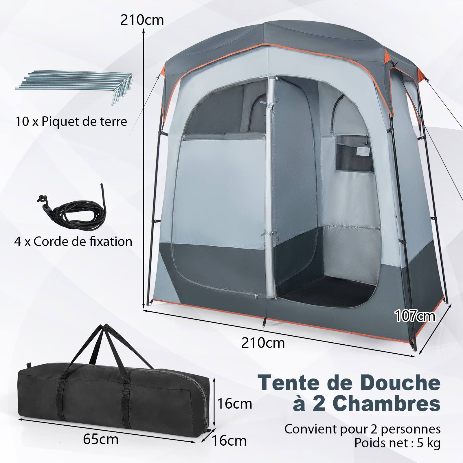 COSTWAY Tente de Douche de Camping pour 2 Personnes avec Bâche de Pluie Amovible, Tente de Vestiaire Portable en 2 Parties avec Sac de Transport Corde à Linge 210x107x210CM