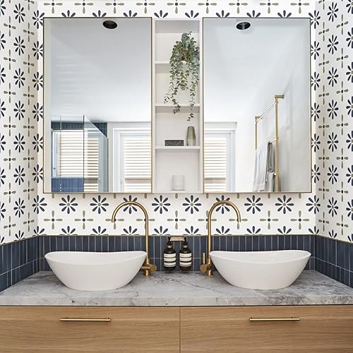 Miniatura 3 de Alwayspon 12 calcomanías de azulejos de pared retro florales mate para despegar y pegar, calcomanías de vinilo autoadhesivas para azulejos de cocina