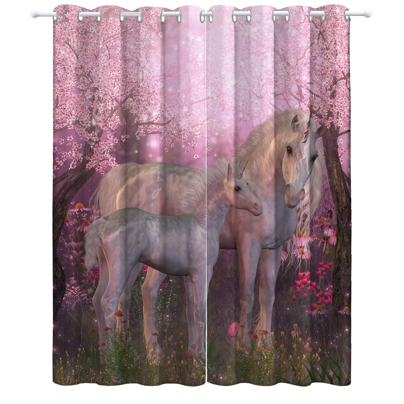Verduisterende gordijnen roze Sakura eenhoorn bedrukt thermisch geïsoleerde ooggordijnen voor slaapkamer en woonkamer, kinderkamer, meisjes, jongens, 2 panelen B 140 x L 245 cm