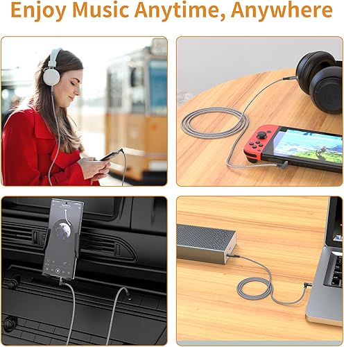 Miniatura 7 de Paquete de 2 cables auxiliares TRS de 6.6 pies, cables auxiliares de 90 grados derecho de 0.138 in de nailon trenzado de 1/8 para automóvil