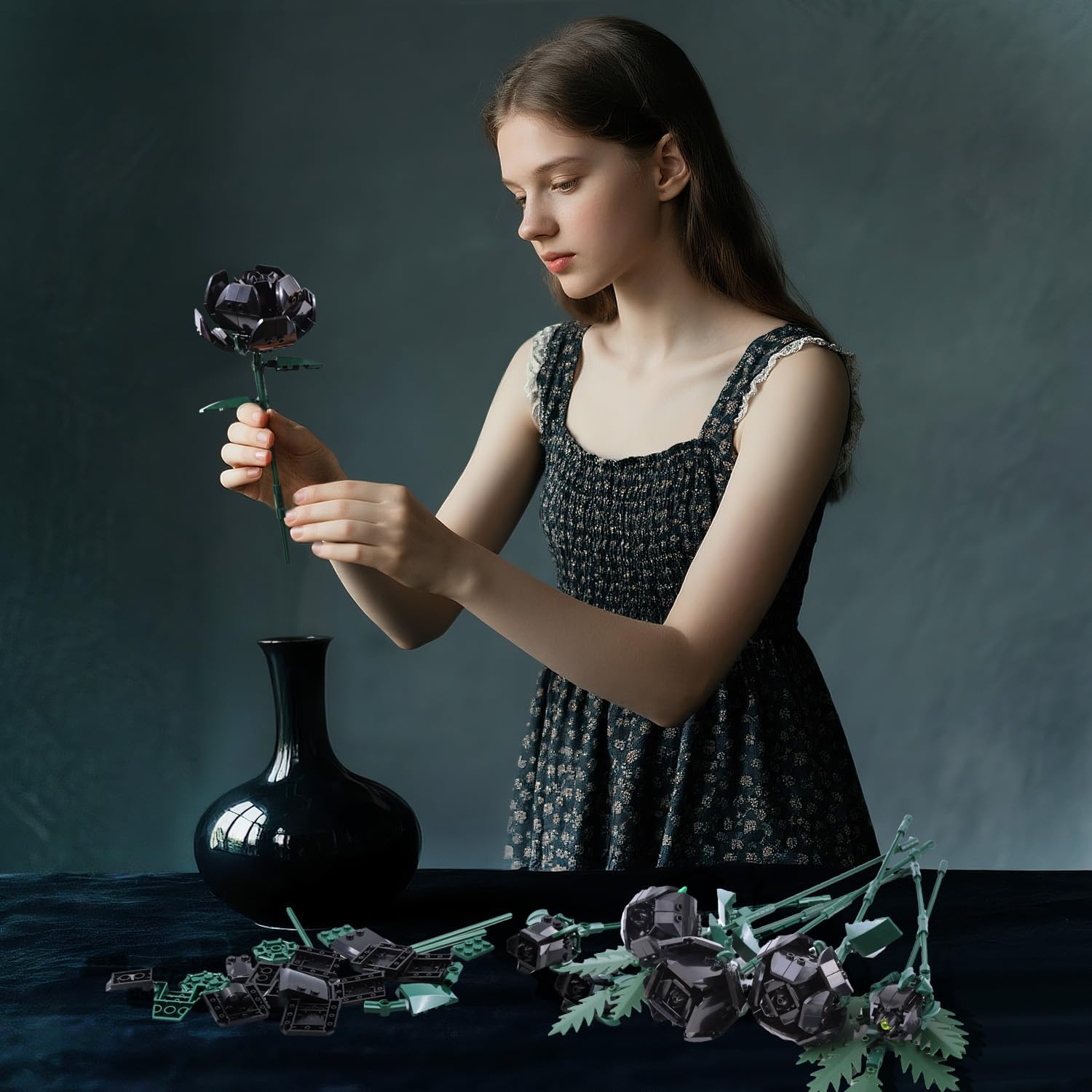 SIENON Black Rose Bouquet Building Set-10pcs Black Roses & 2pcs Leaves Botanical Collection, Artificial Flowers for Gothic Home Halloween Décor Women Gothy Teens (No Vase) - Image 5