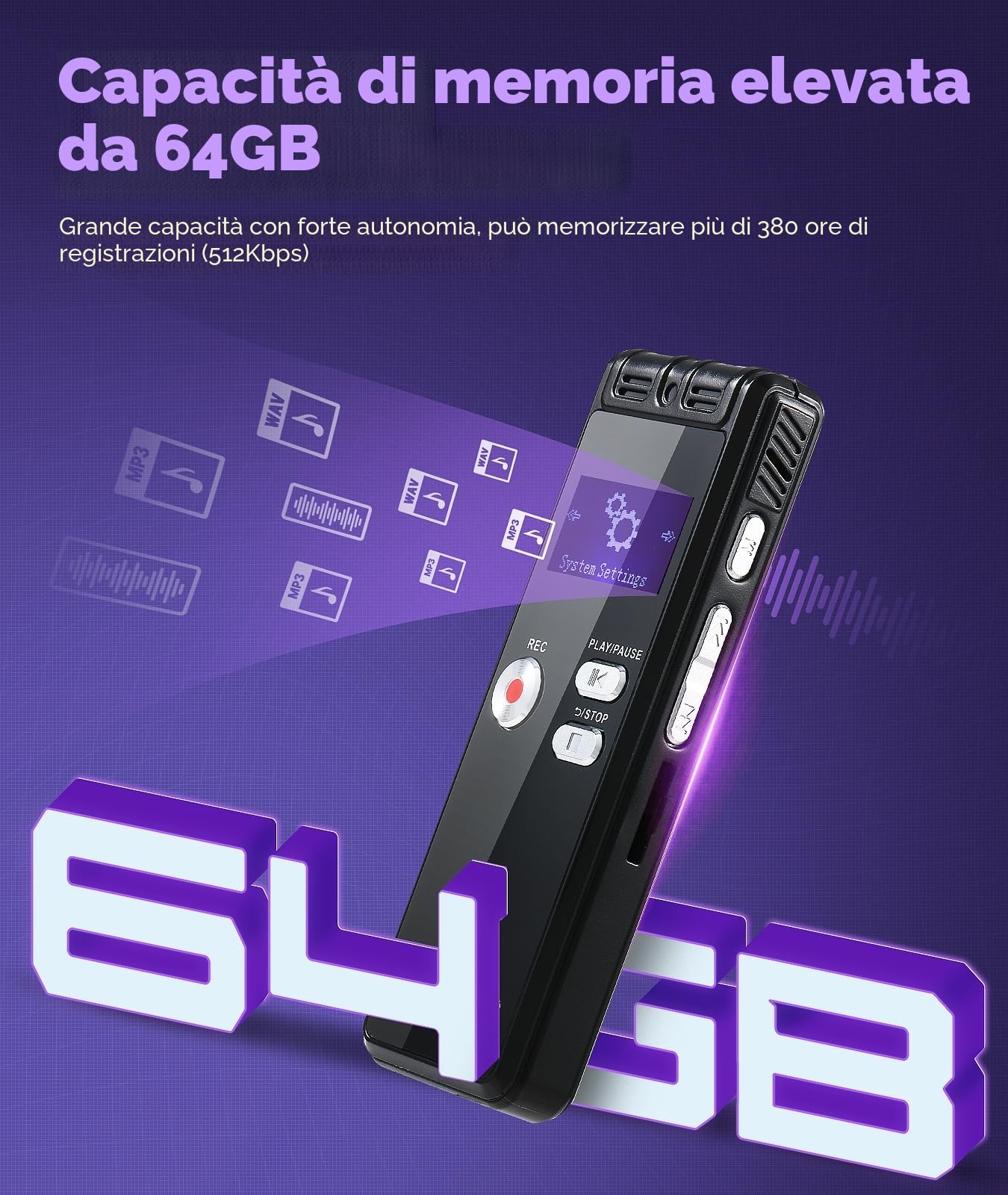 Registratore vocale con Playback 64 GB – 1536 Kpbs, dispositivo di registrazione audio one-touch con cancellazione del rumore per interviste/classi/riunioni